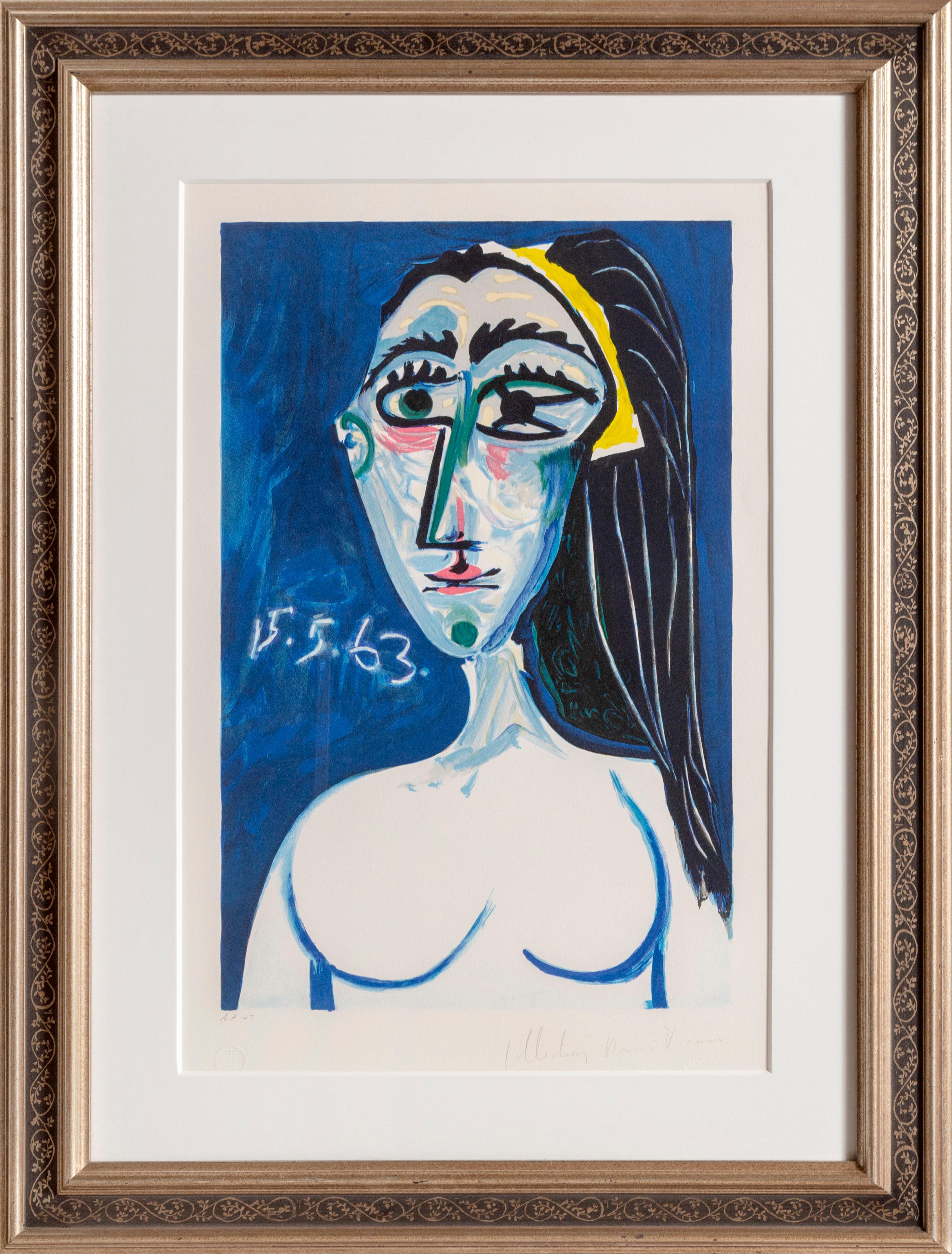 A lithograph from the Marina Picasso Estate Collection after the Pablo Picasso painting "Buste de Femme Nue Face (Jacqueline Roque)". The original painting was completed in 1963. In the 1970's after Picasso's death, Marina Picasso, his