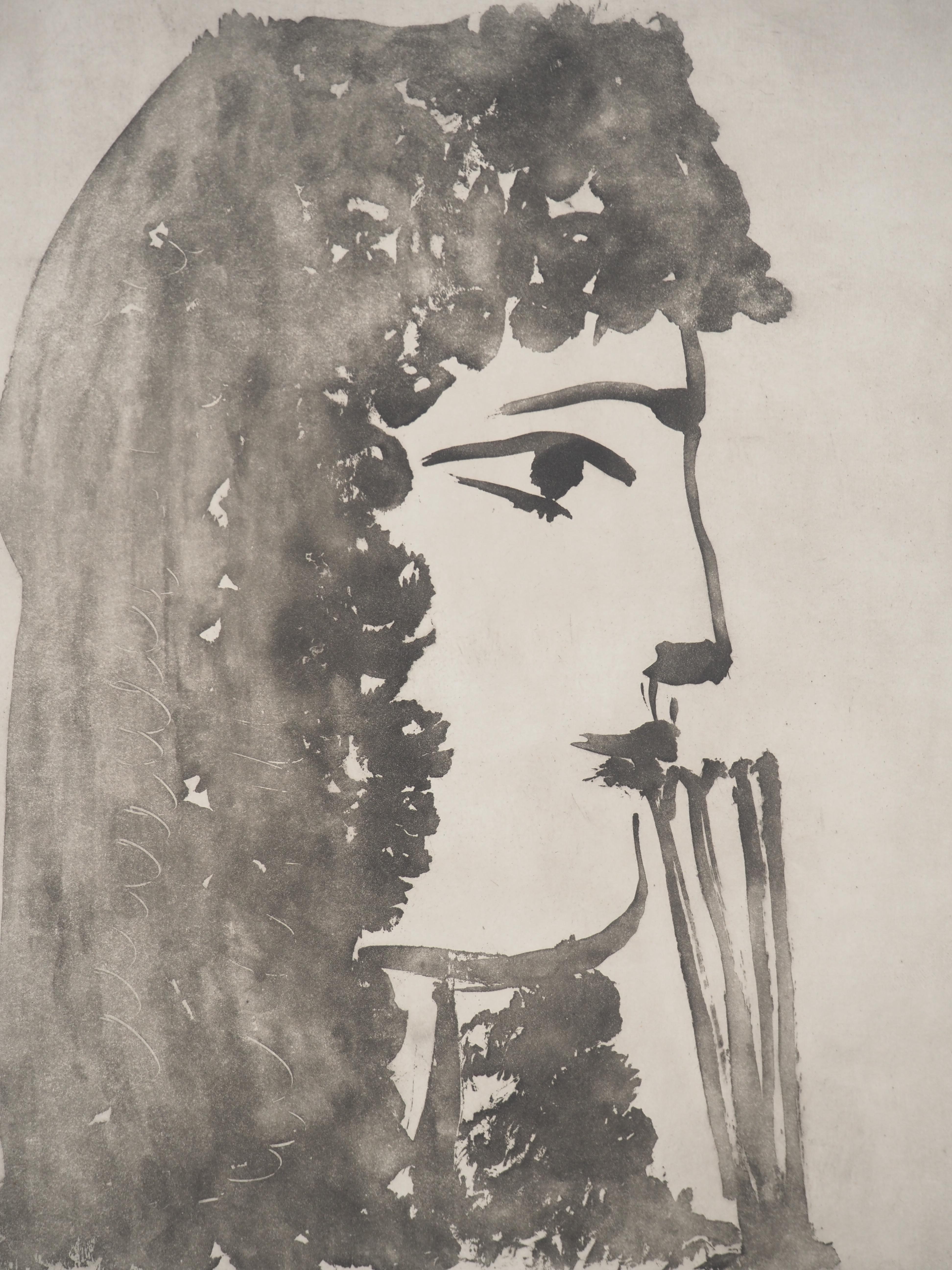 Carmen in Profile - Original Etching #Picasso estate collection (Bloch #572) - Gray Portrait Print by Pablo Picasso