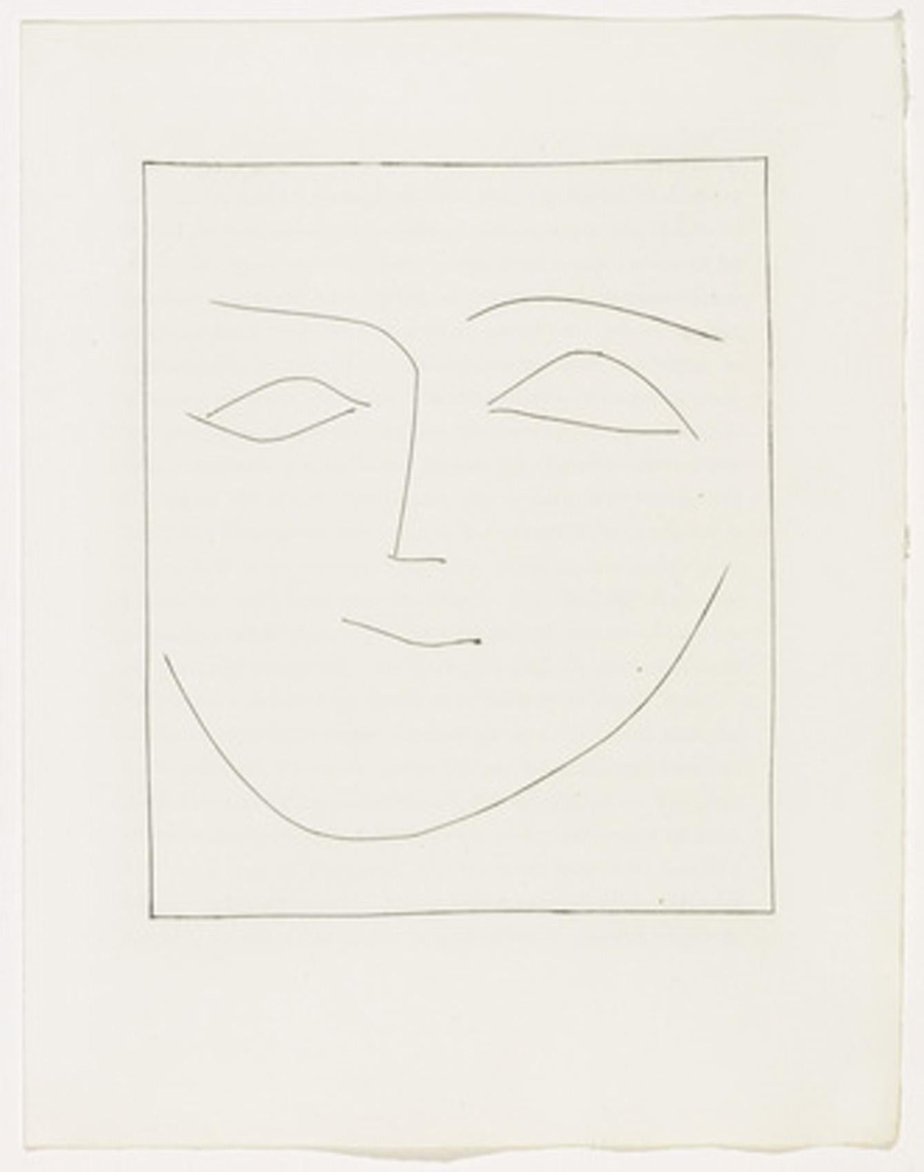 Pablo Picasso Portrait Print - Carmen Square Head of a Woman Half Smiling (Plate XII)