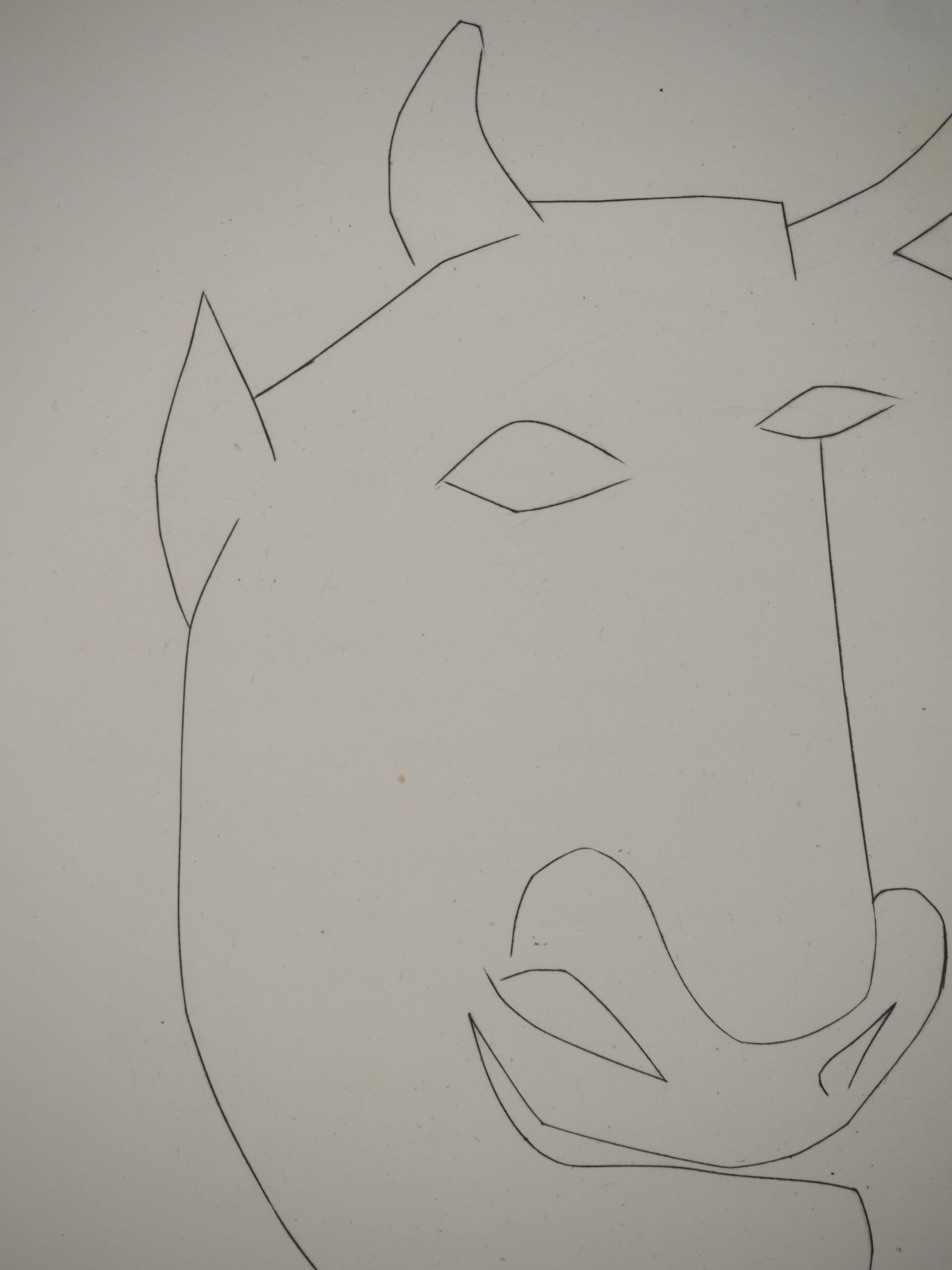 Pablo PICASSO
Carmen, The Noble Bull, 1949

Original burin engraving (Atelier Lacourière, Paris)
Unsigned
On Montval wove paper 33 x 26 cm (12.9 x 10.2 in)

REFERENCES : 
- Catalog raisonne Bloch #555
- Catalog raisonne Cramer #52
- Catalog raisonne