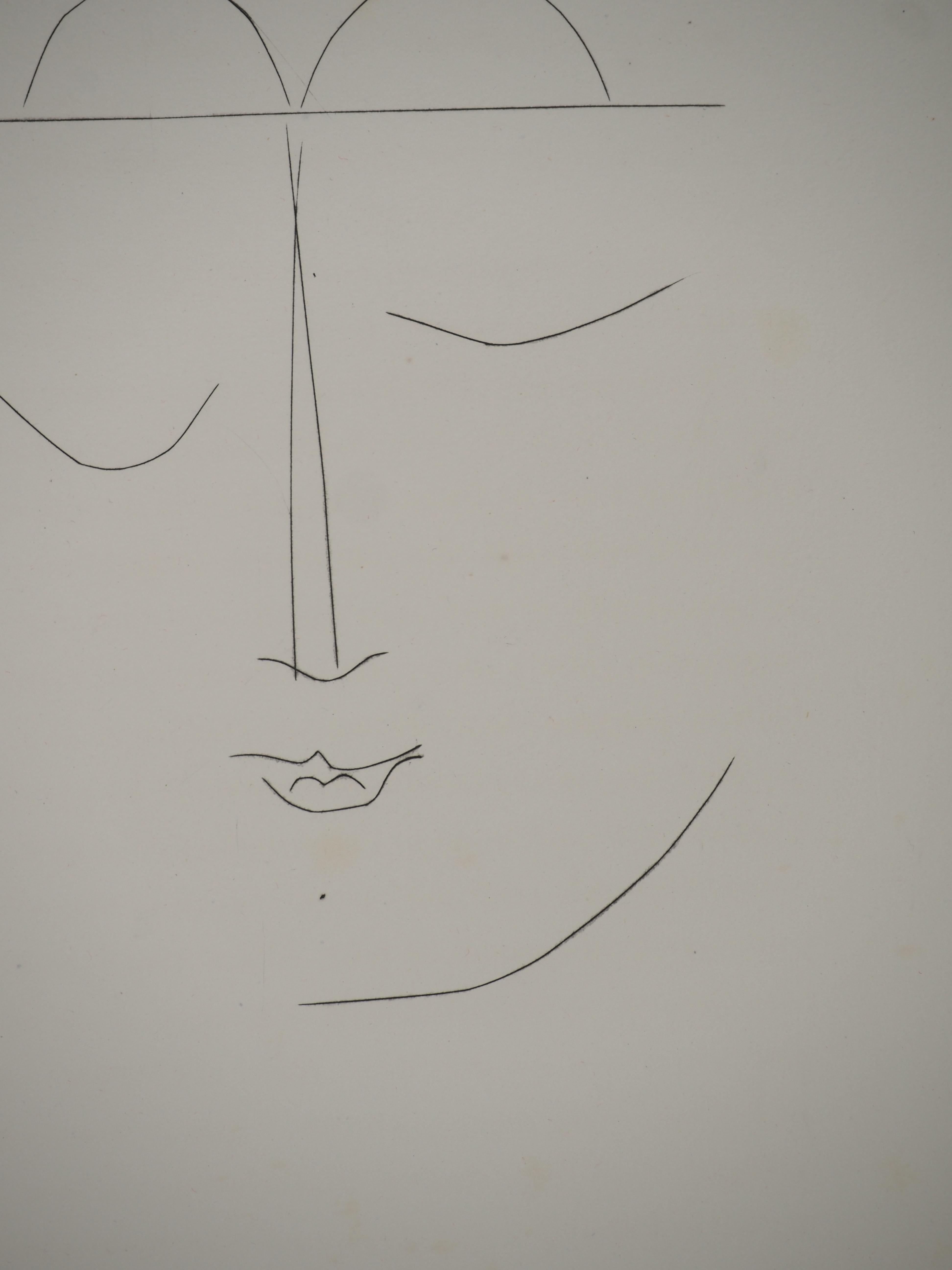 Pablo PICASSO
Carmen, The Thoughtful Woman, 1949

Original burin engraving (Atelier Lacourière, Paris)
Unsigned
On Montval wove paper 33 x 26 cm (12.9 x 10.2 in)

REFERENCES : 
- Catalog raisonne Bloch #557
- Catalog raisonne Cramer #52
- Catalog