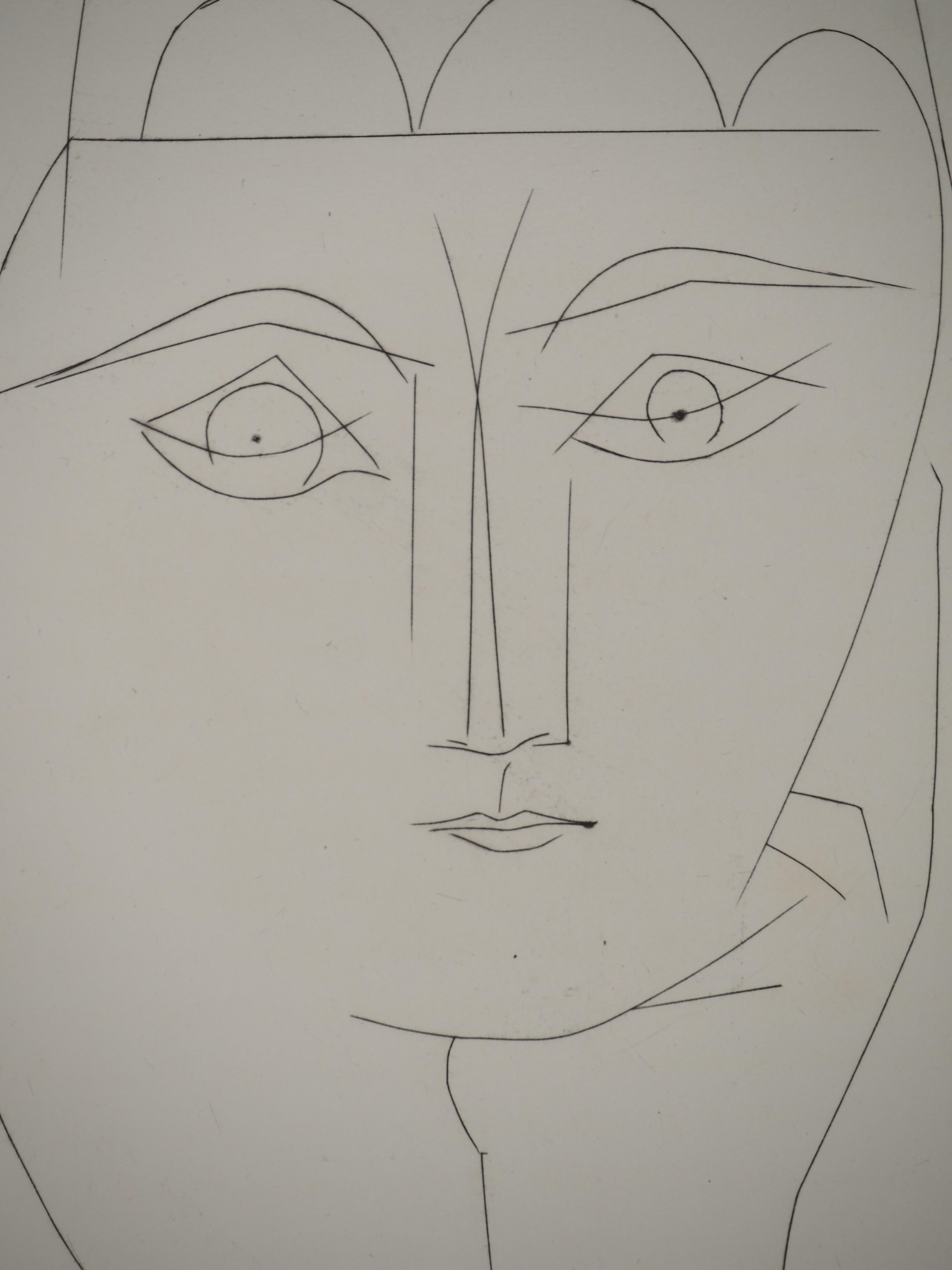 Carmen, The Young Girl in the Headdress - Original Etching (Cramer #52) - Gray Portrait Print by Pablo Picasso