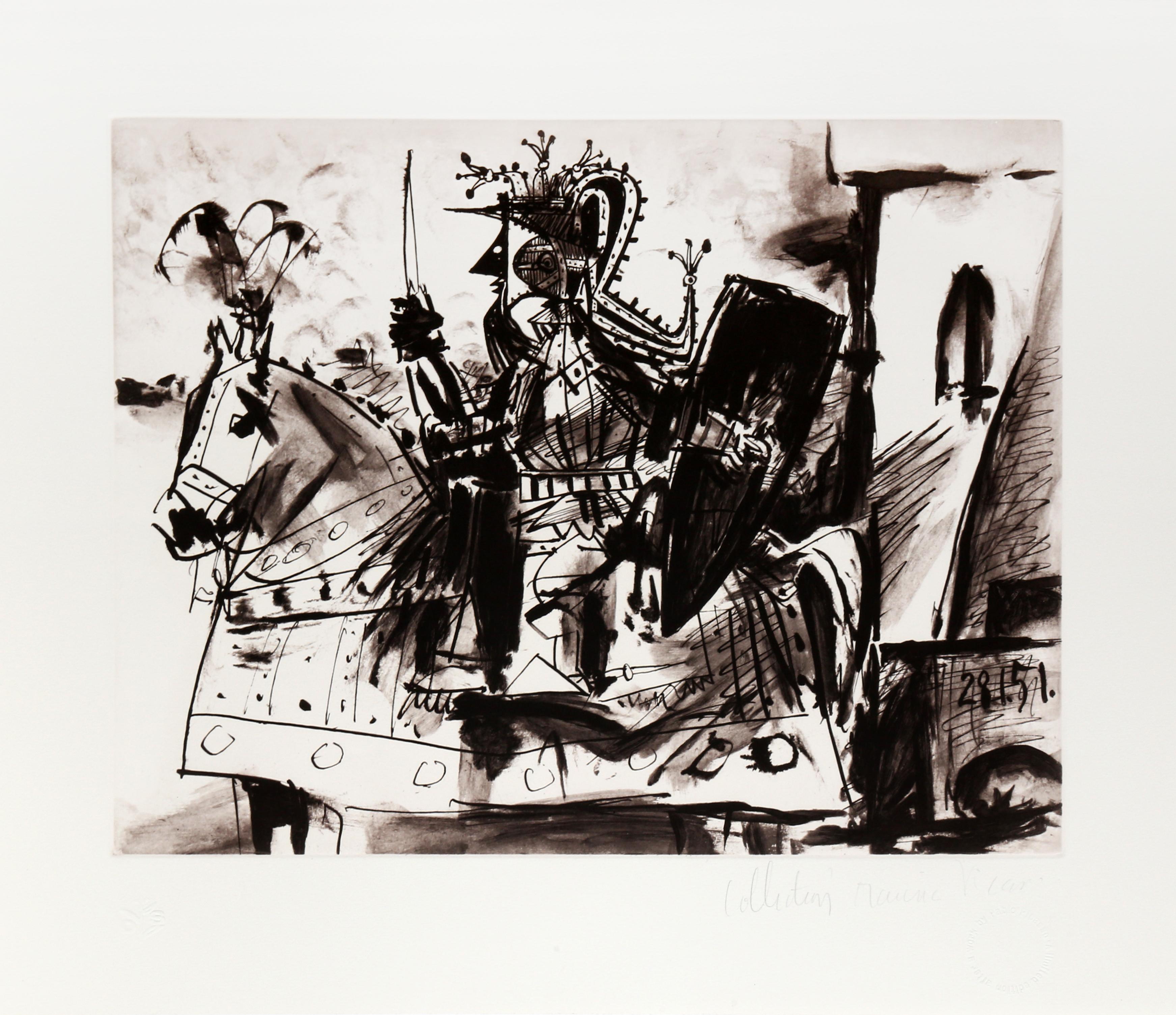 L'utilisation par Pablo Picasso de la ligne et de l'ombrage dans cette gravure d'un cavalier en armure à cheval donne vie à la scène. Les traits rapides de la main de l'artiste, associés au contraste intense du noir et du blanc, font de cette