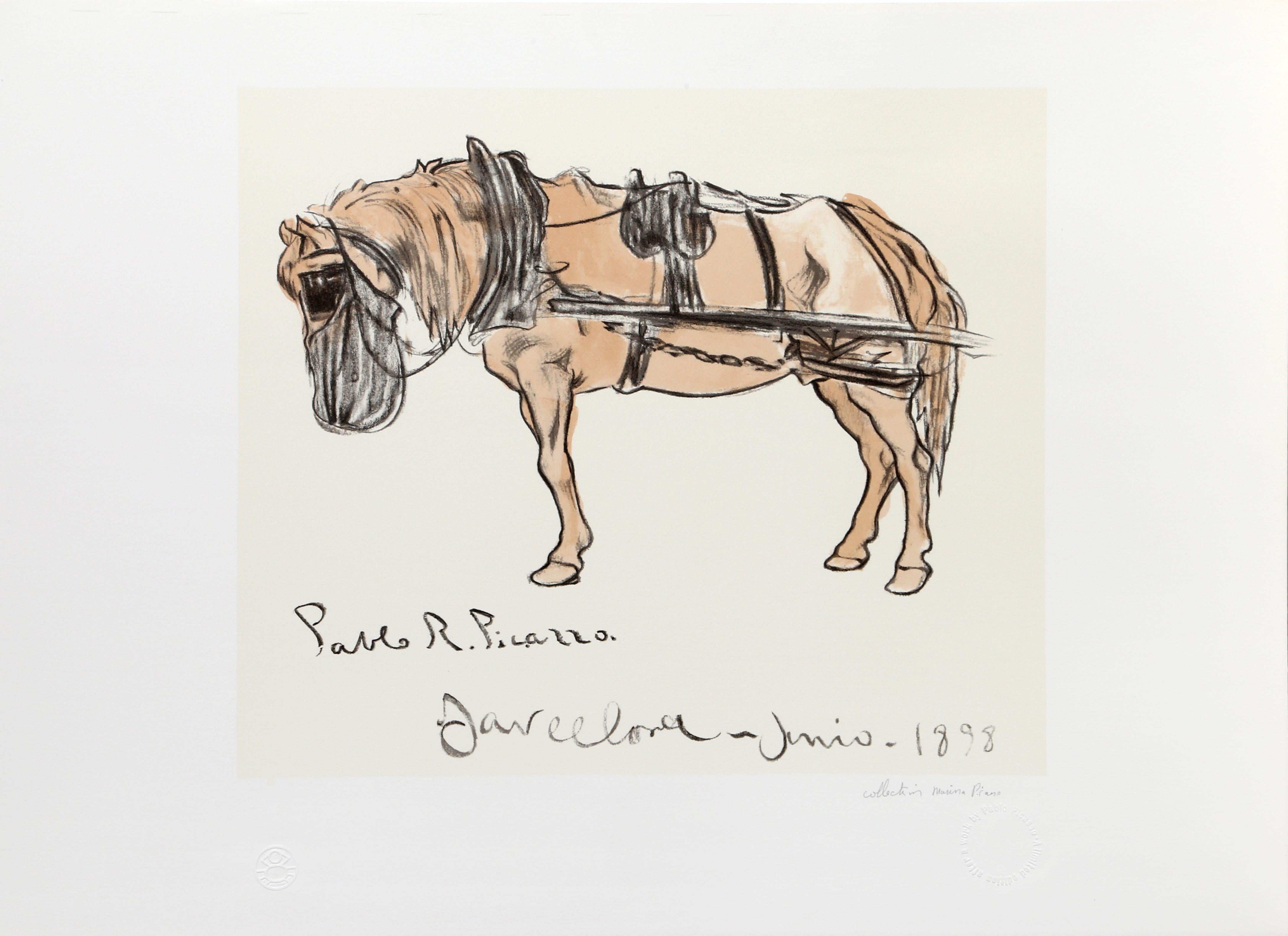 Set against a blank white background, the light brown horse in this print by Pablo Picasso is outfitted to pull a carriage or wagon. A lithograph from the Marina Picasso Estate Collection after the Pablo Picasso painting "Cheval Attele". The