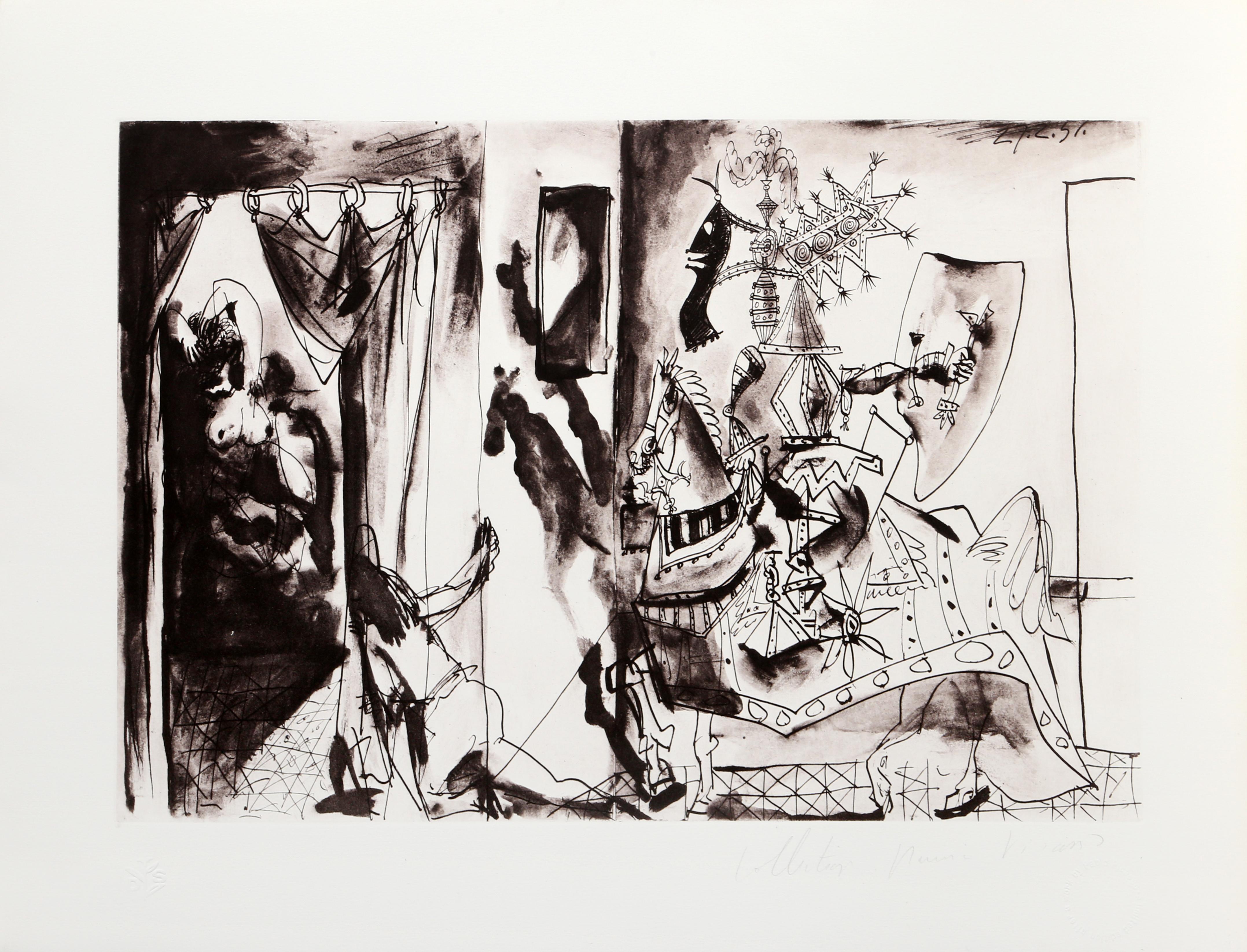 In this dynamic print, Pablo Picasso depicts a scene of bustling movement and overlapping subjects. The artist's use of perspective and use of layering deeply exaggerates the emotional aspects and intense energy of the work. A lithograph from the
