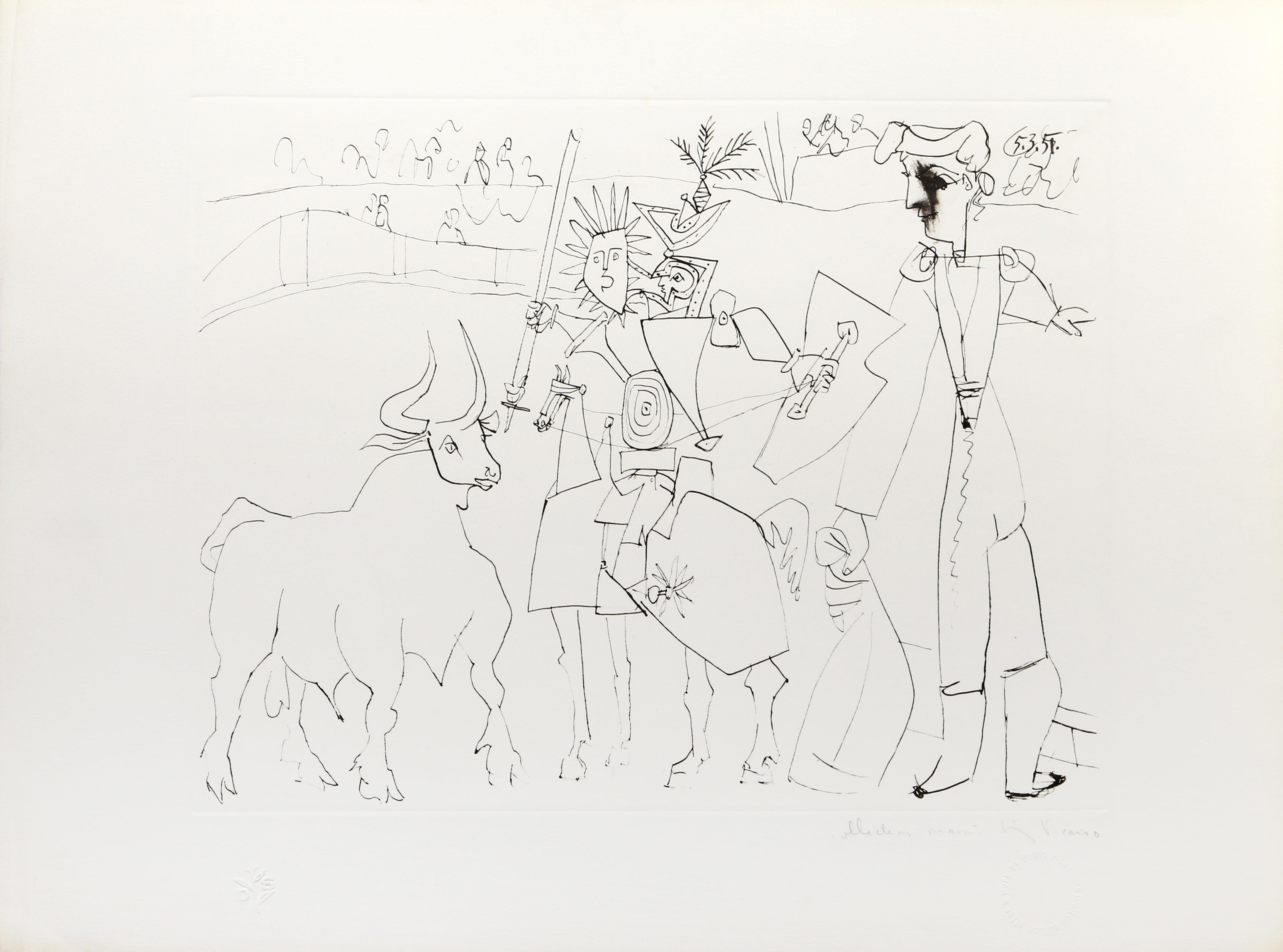 Dans cette représentation cubiste et minimaliste d'une corrida espagnole traditionnelle, Pablo Picasso dépeint un picador, un matador et un taureau dans l'arène d'un stade bondé. S'apprêtant à donner un coup de lance à l'épaule du taureau, le