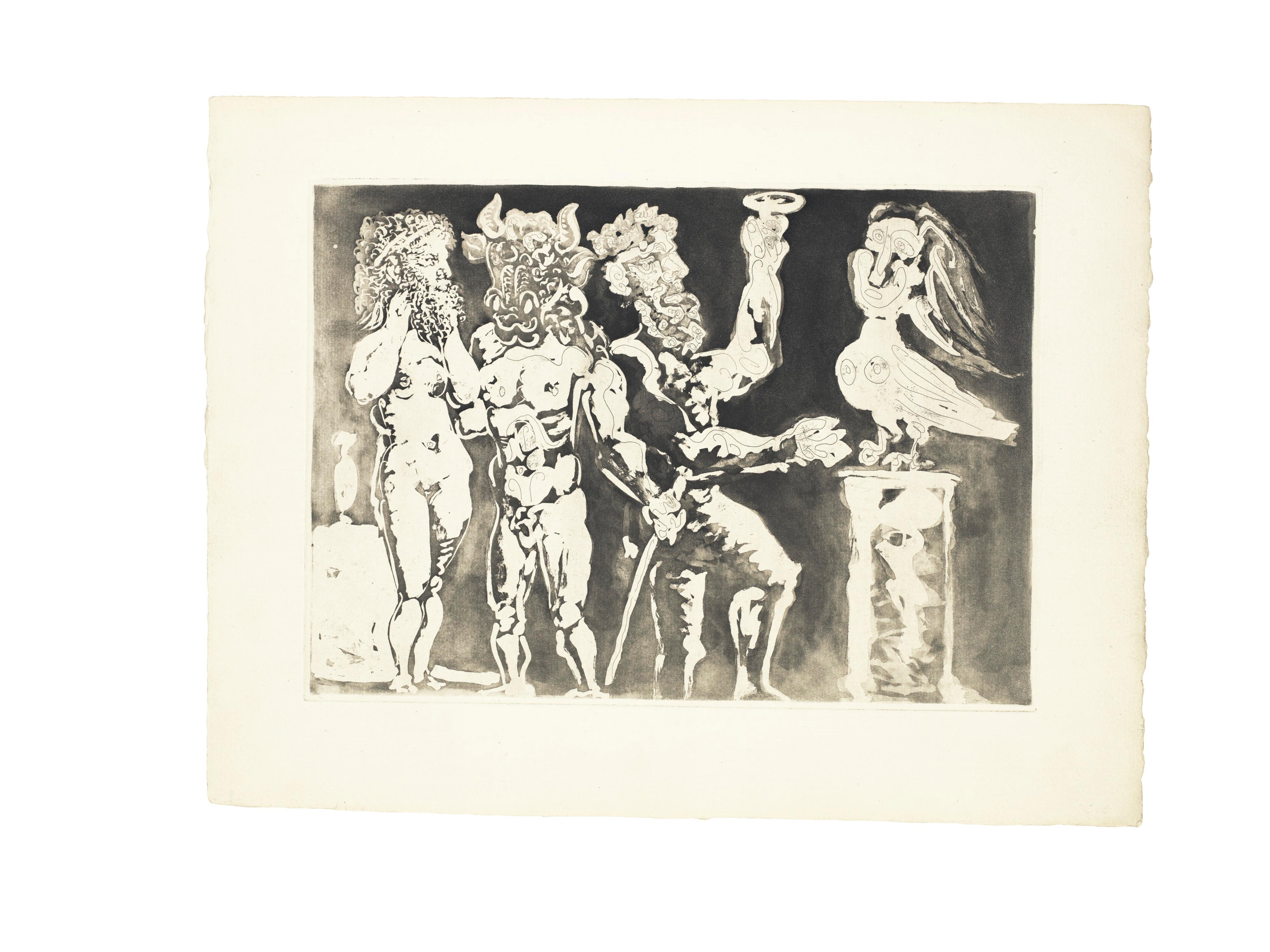 Pablo Picasso Animal Print - Chez la Pythie-Harpye. Homme au Masque de Minotaure et Femme au Masque de 