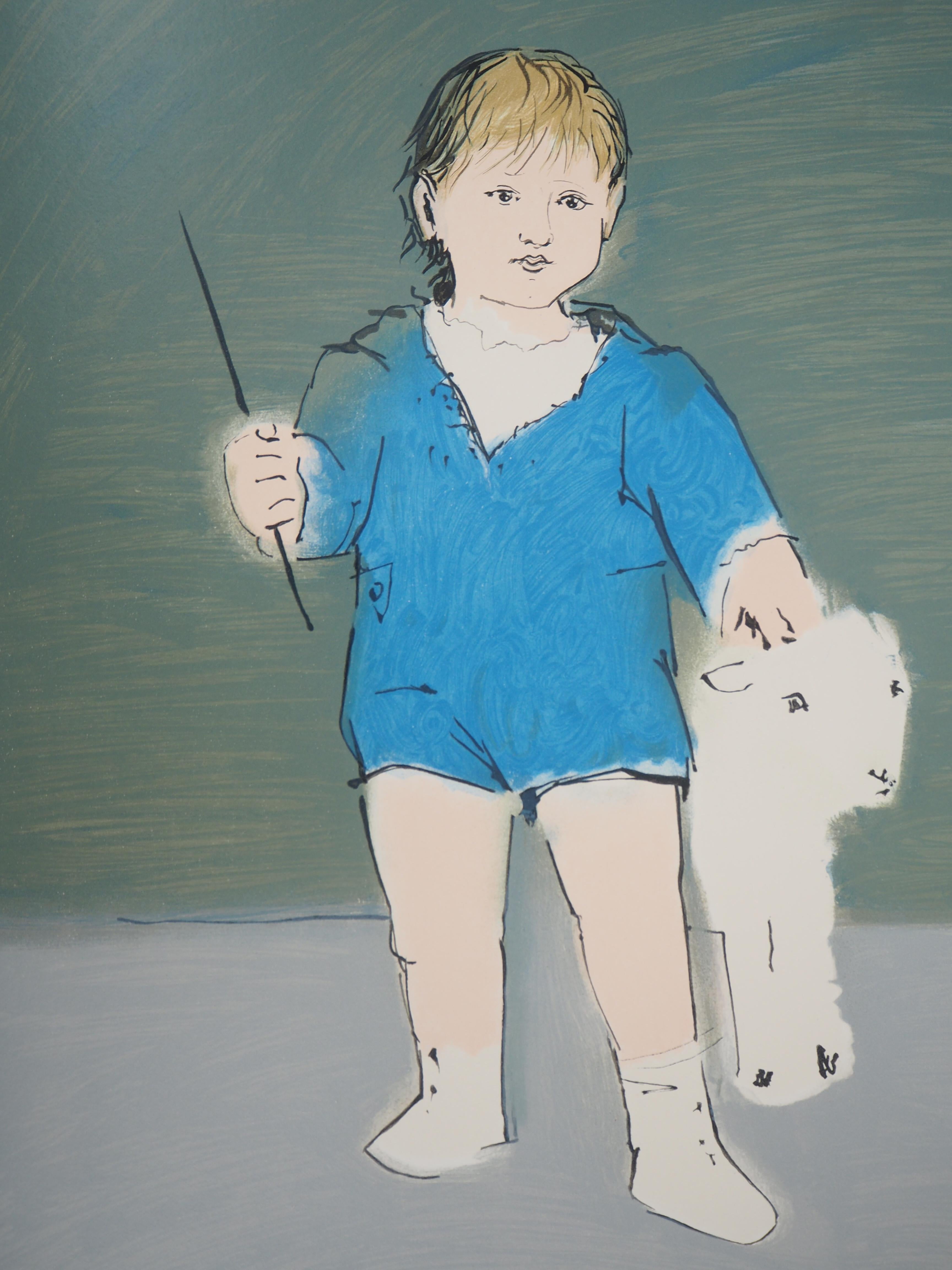 L'enfant avec un agneau - Lithographie (Mourlot) - Gris Figurative Print par Pablo Picasso