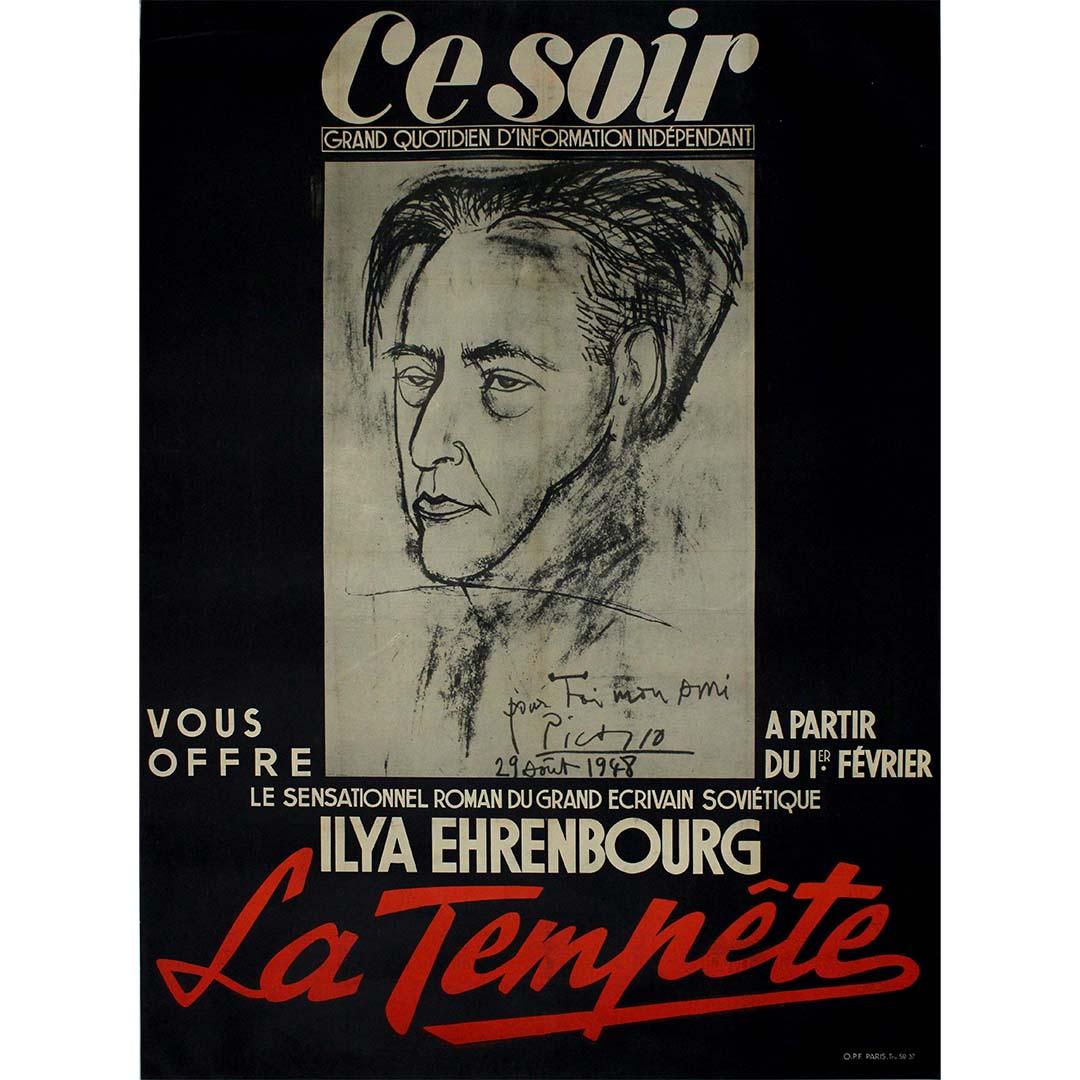 The circa 1950 original poster for "Ce Soir" featuring Pablo Picasso's portrait of Ilya Ehrenbourg and promoting "La Tempête", the sensational novel by the Soviet writer, is a remarkable blend of art and literature. This piece was created to promote