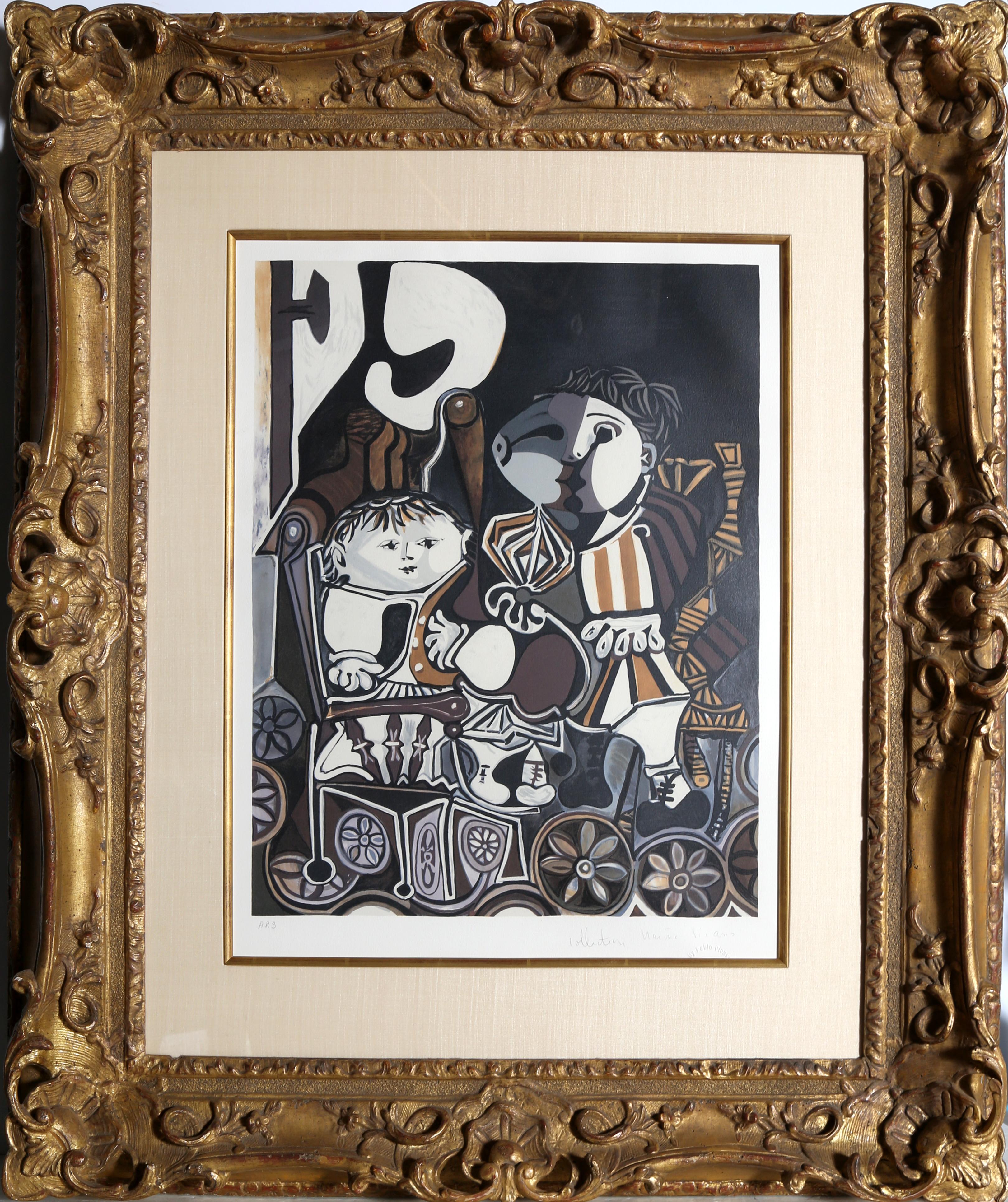 A lithograph from the Marina Picasso Estate Collection after the Pablo Picasso painting “Claude et Paloma”. The original painting was completed in 1950. In the 1970’s after Picasso’s death, Marina Picasso, his granddaughter, authorized the creation