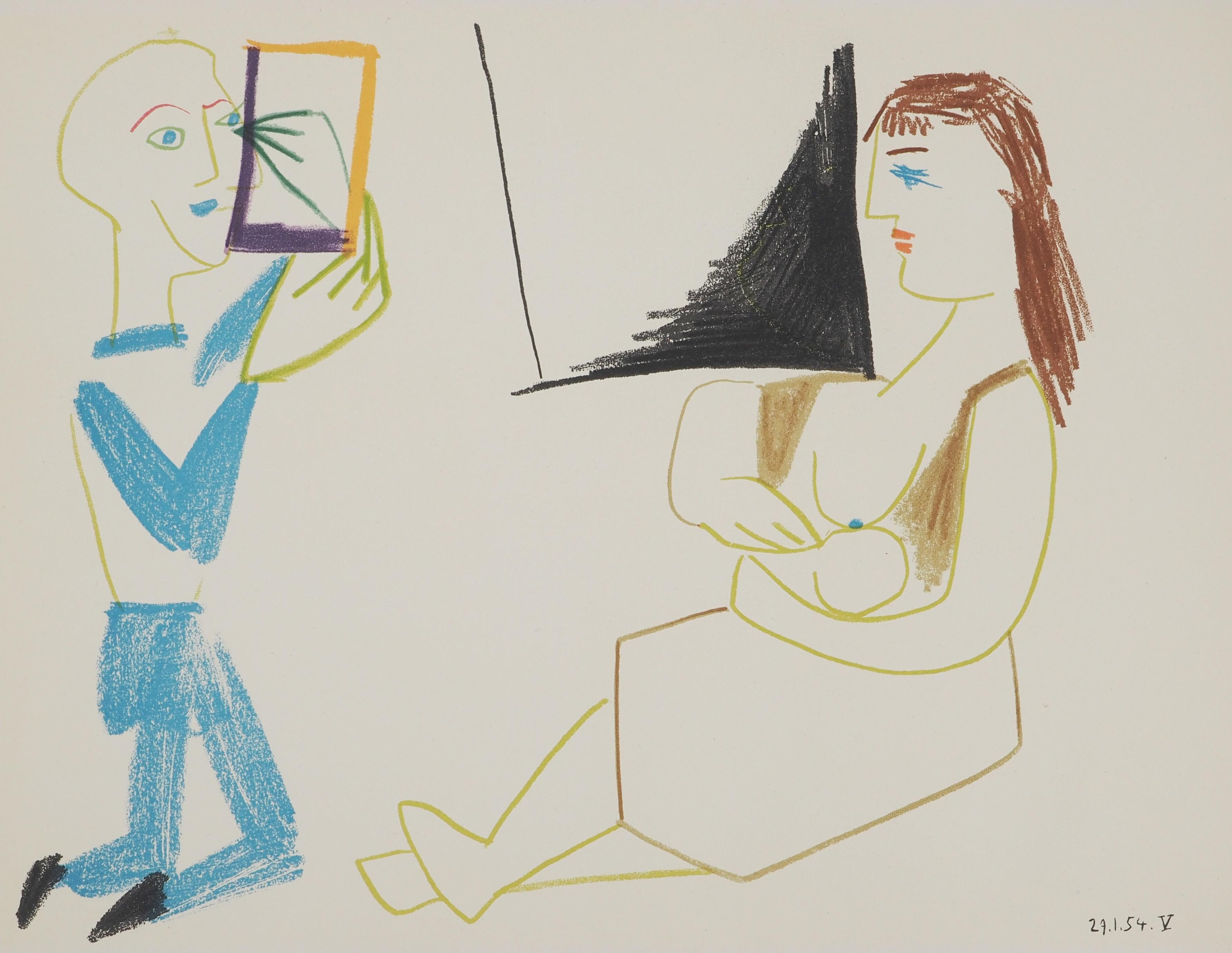 Payaso con espejo y joven madre - Litografía original (Mourlot) - Print de Pablo Picasso