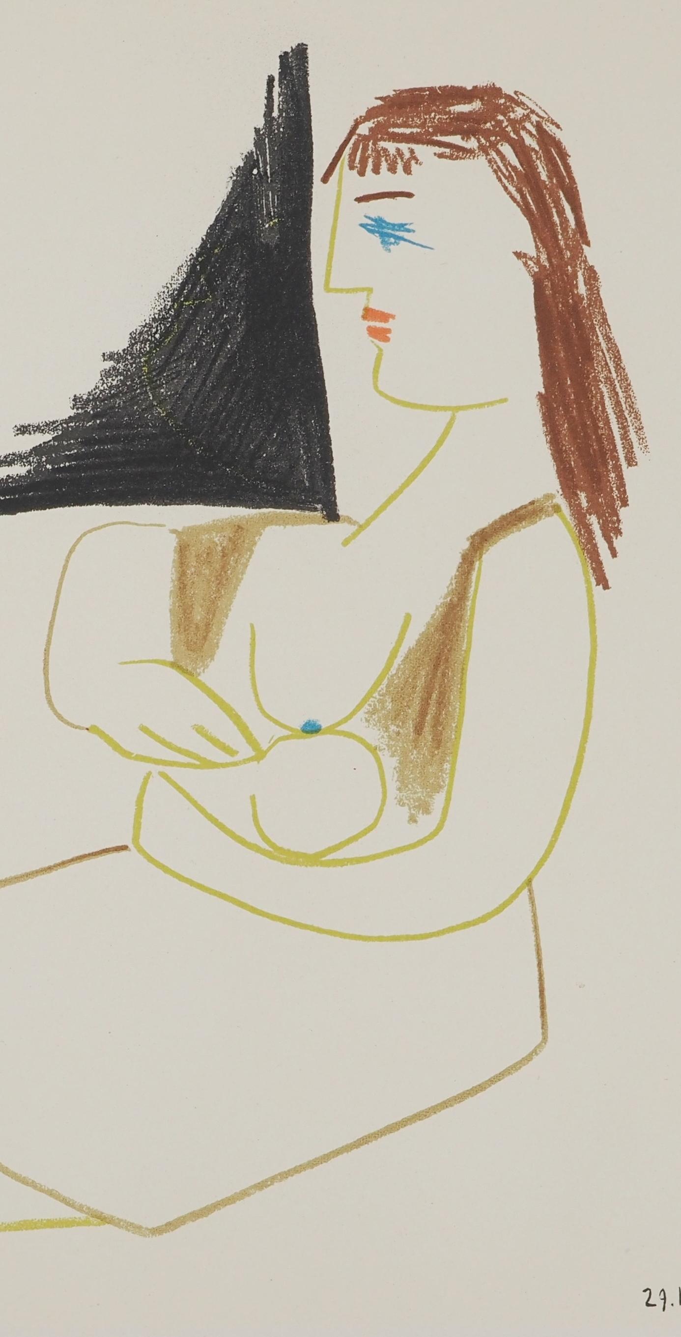 Payaso con espejo y joven madre - Litografía original (Mourlot) - Figurative Print Beige de Pablo Picasso
