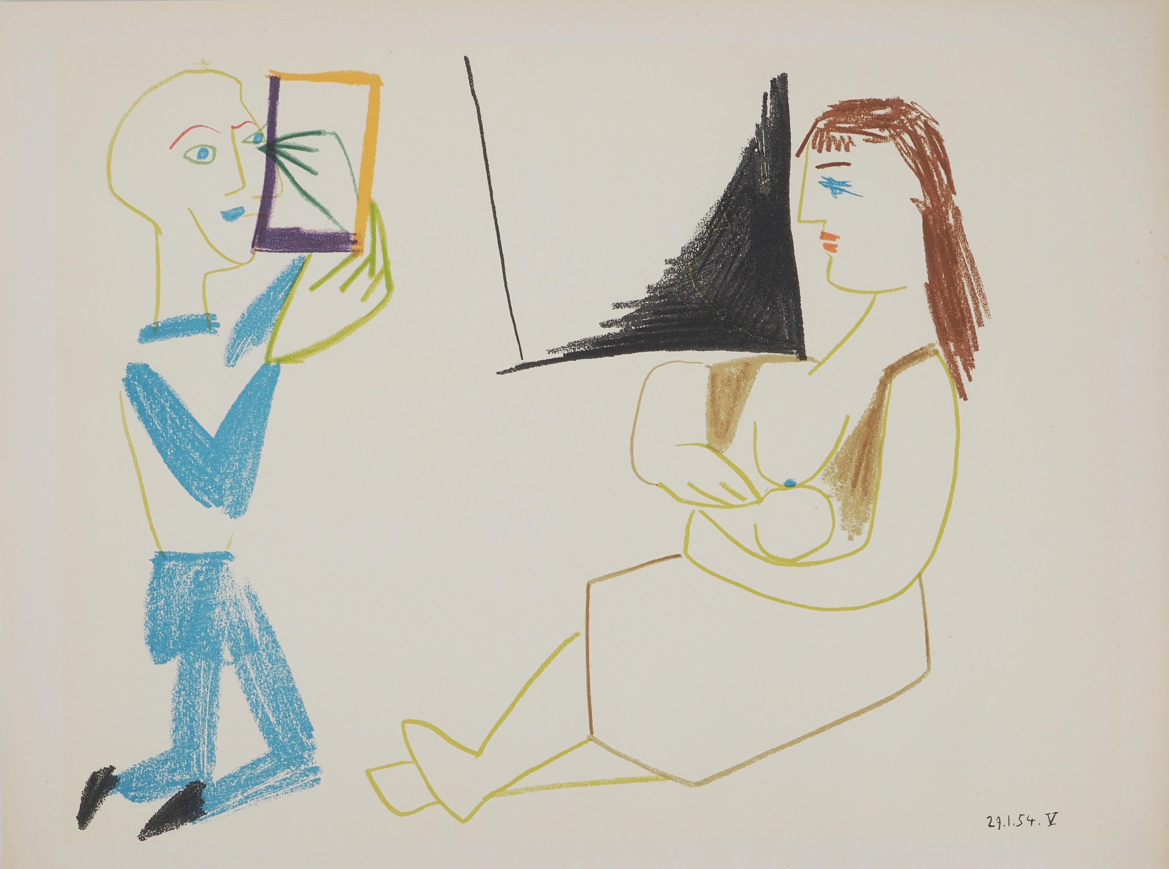 Figurative Print de Pablo Picasso - Payaso con espejo y joven madre - Litografía original (Mourlot)