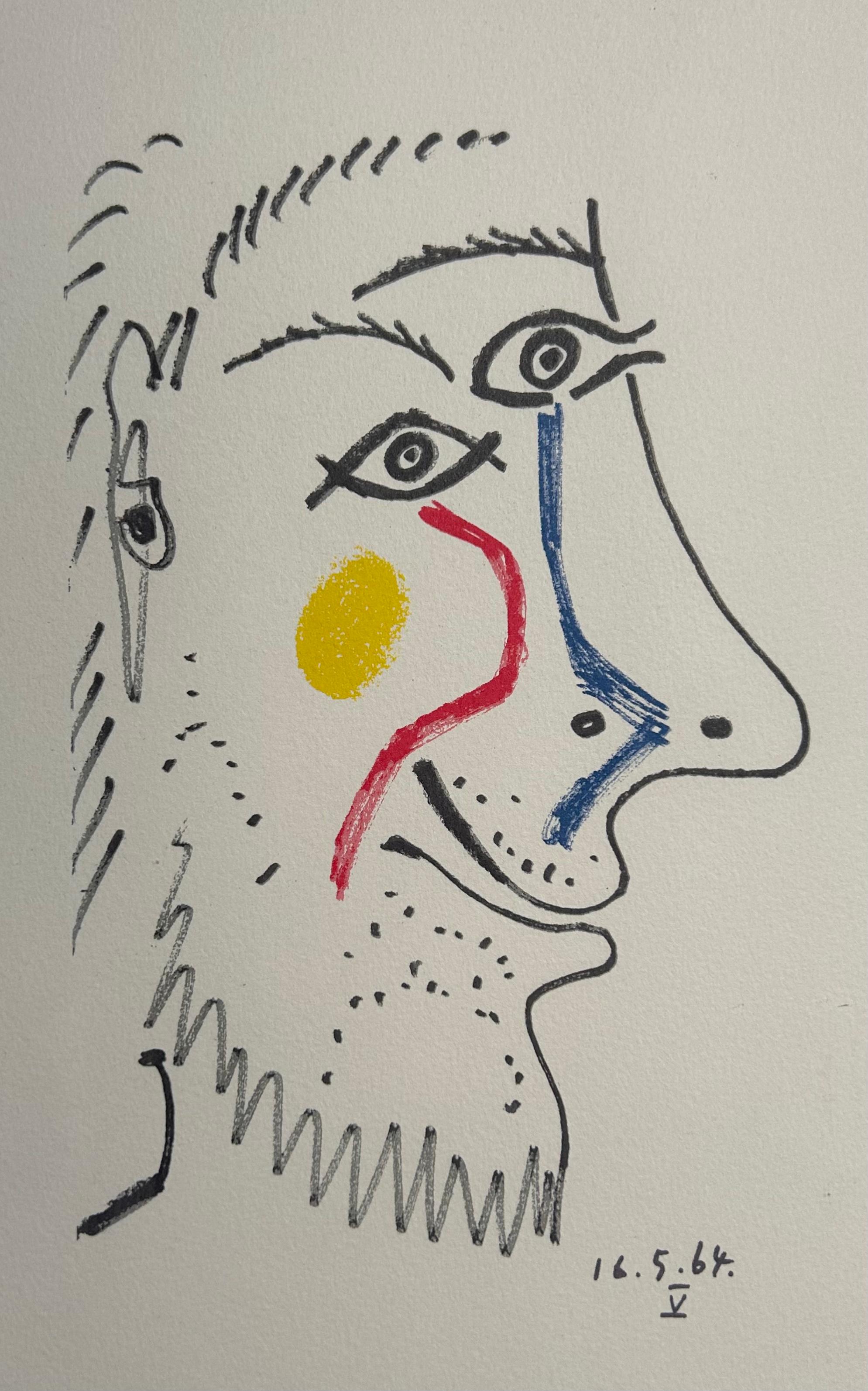 Picasso's portrait of a man, adapted from a drawing made in 1964 into a lithograph that grabs attention with its unique line work and primary colour application. 

The lithograph comes from the sketchbook Le Goût du Bonheur (The Taste of Happiness):