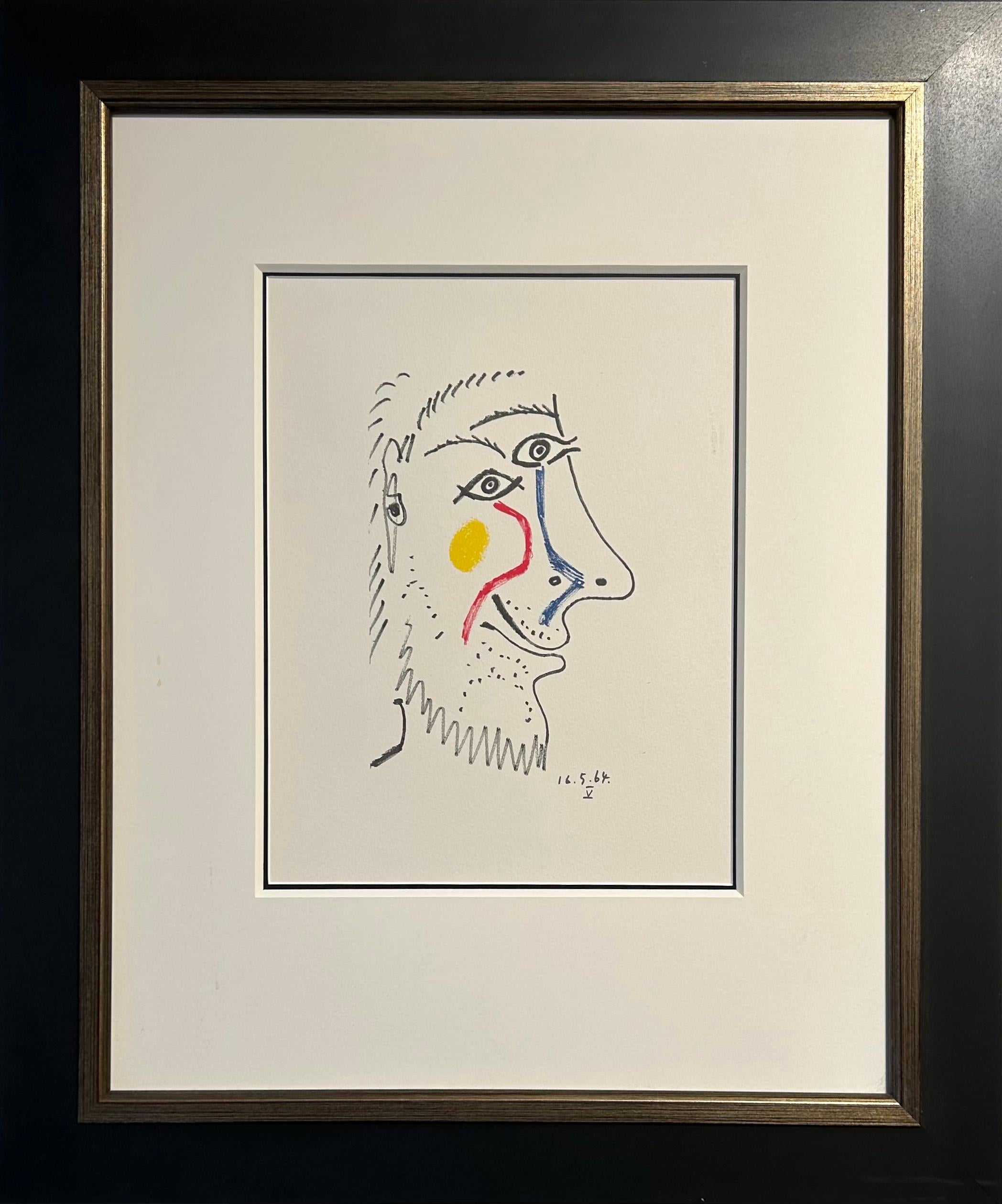 Portrait Print Pablo Picasso - Lithographie en couleurs sur papier Arches '16.5.64.V' de 'Le Goût de Bonheur'. 
