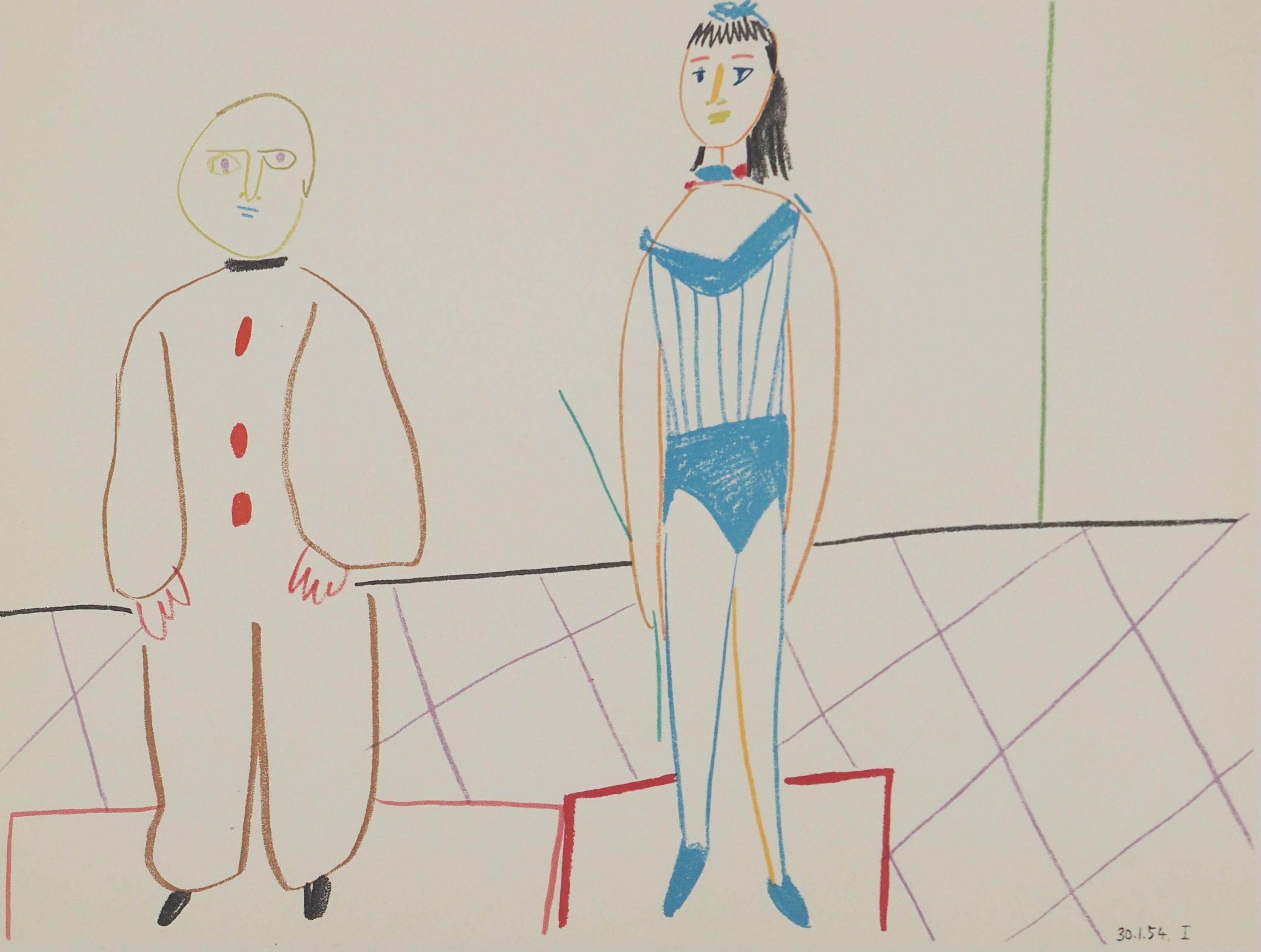 Comédie Humaine : Payaso de circo y bailarina - Litografía original (Mourlot) - Print de Pablo Picasso
