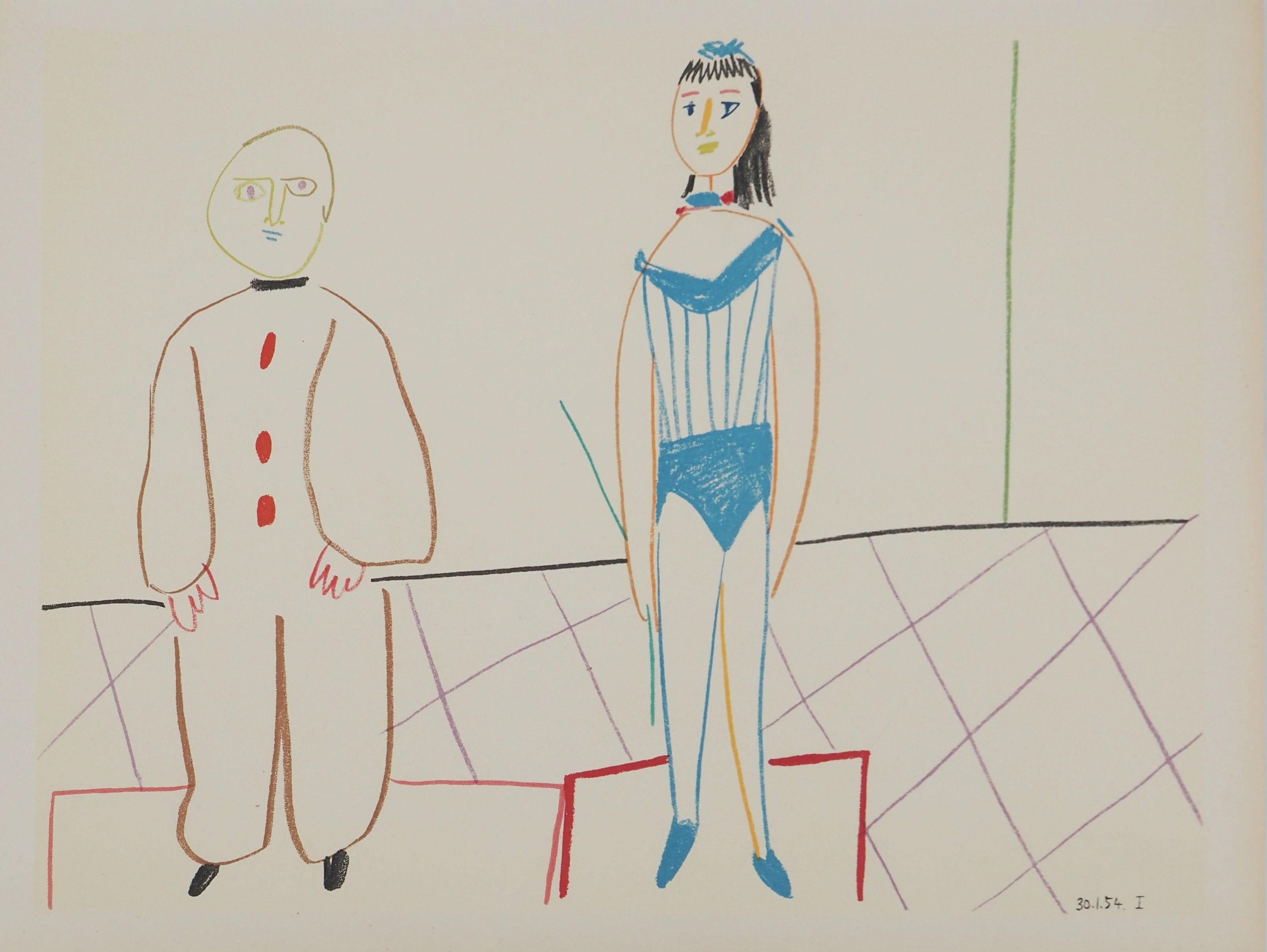 Figurative Print de Pablo Picasso - Comédie Humaine : Payaso de circo y bailarina - Litografía original (Mourlot)