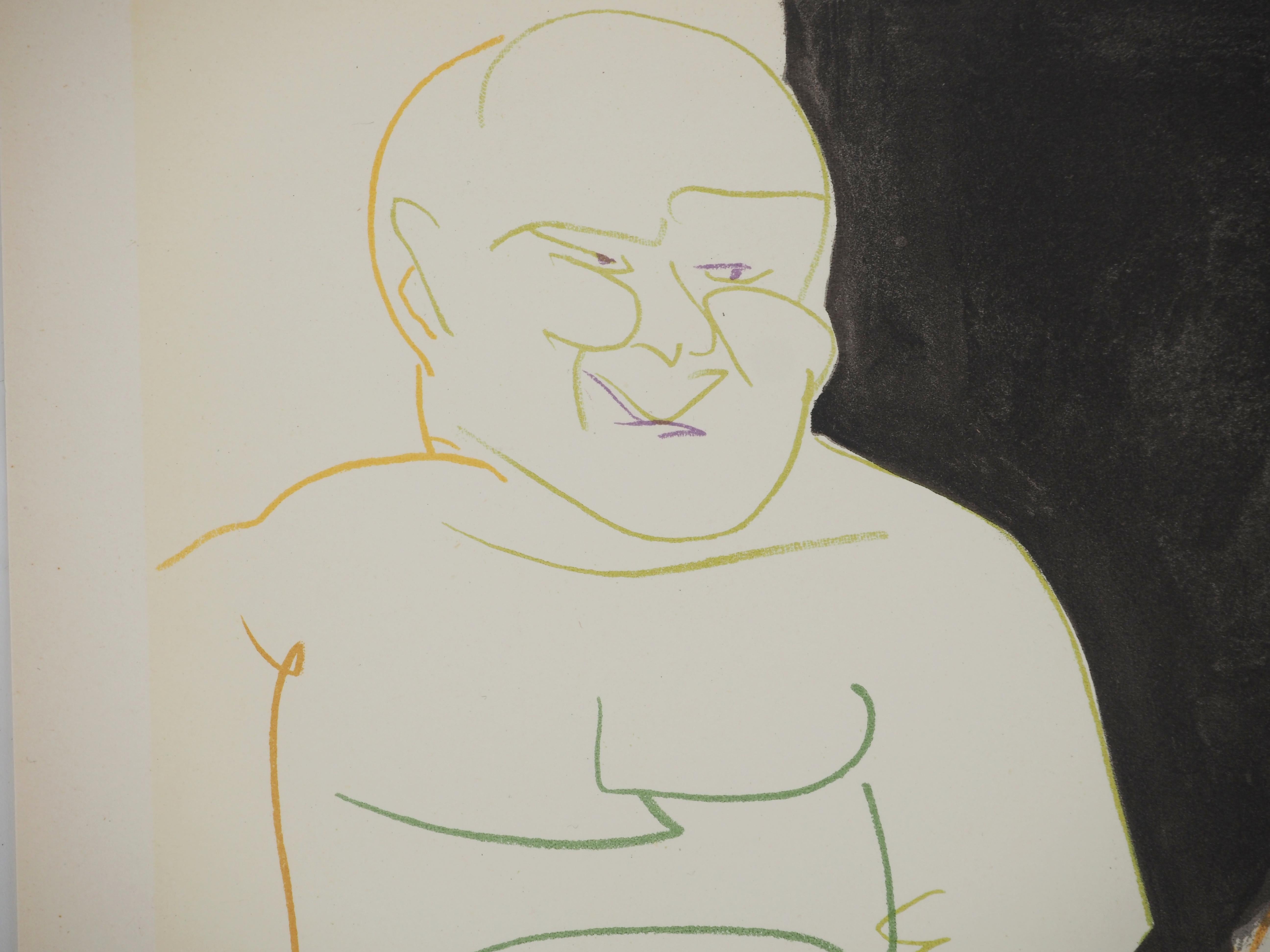 Comédie Humaine : La muchacha y el viejo - Litografía original (Mourlot) - Figurative Print Beige de Pablo Picasso