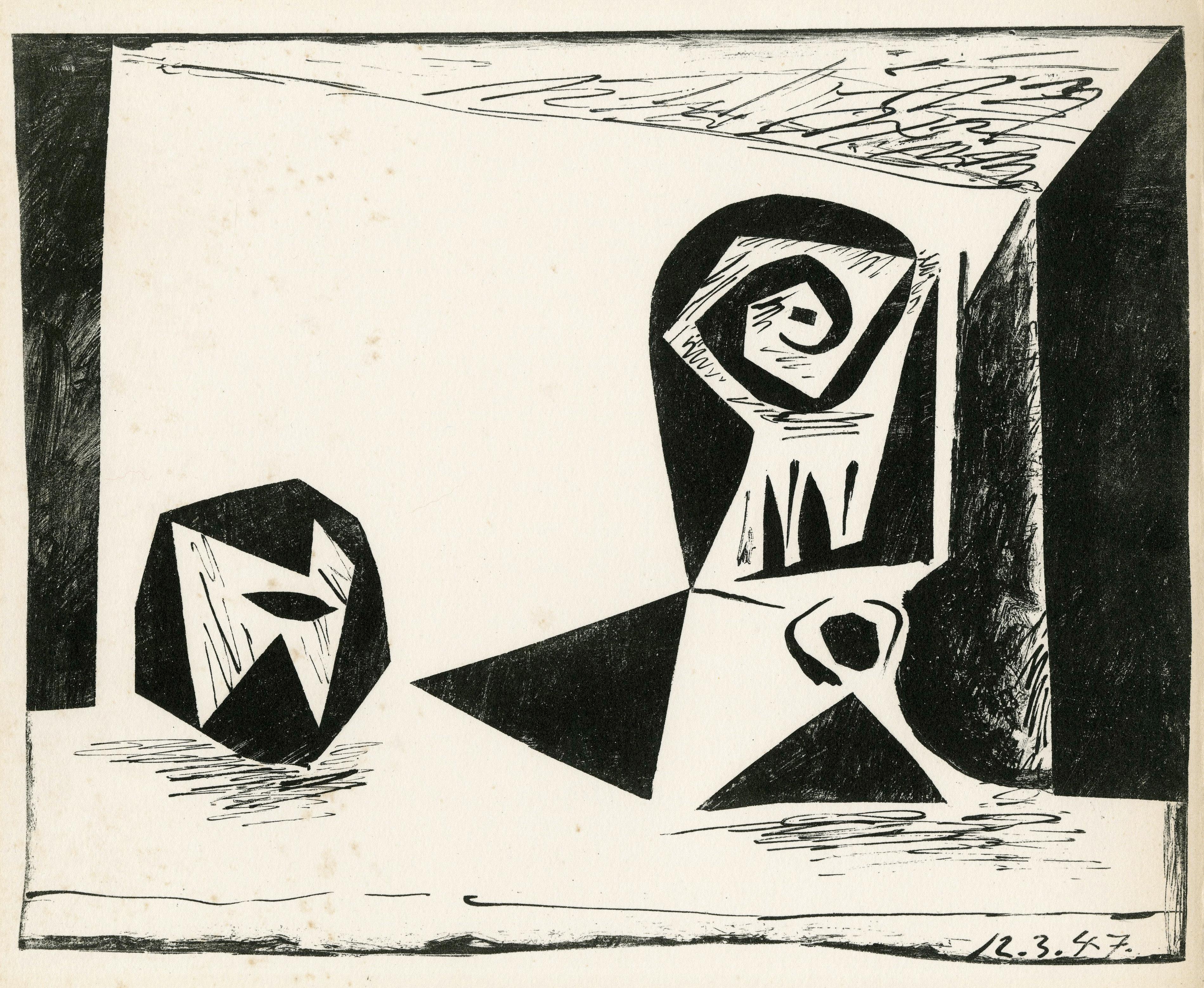 Komposition au verre a pied (Komposition mit gedämpftem Glas) (Beige), Abstract Print, von Pablo Picasso