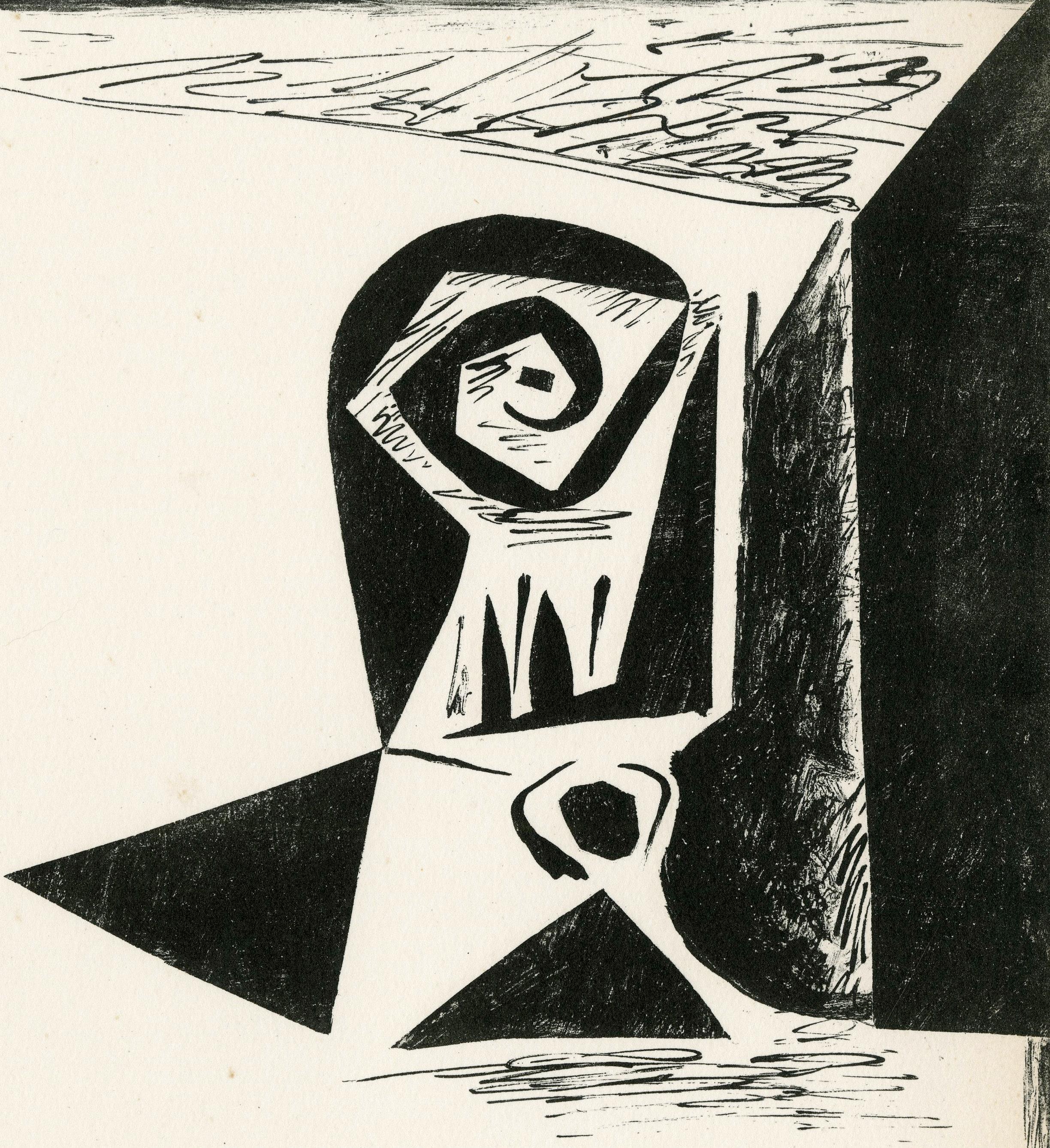 Komposition au verre a pied (Komposition mit gedämpftem Glas)
Lithographie (Tuschezeichnung, Feder und Pinsel auf Lithographiestein übertragen) , 1947
Vorzeichenlos
Auflage: ein Probedruck außerhalb der Auflage von 50 Exemplaren, gedruckt auf