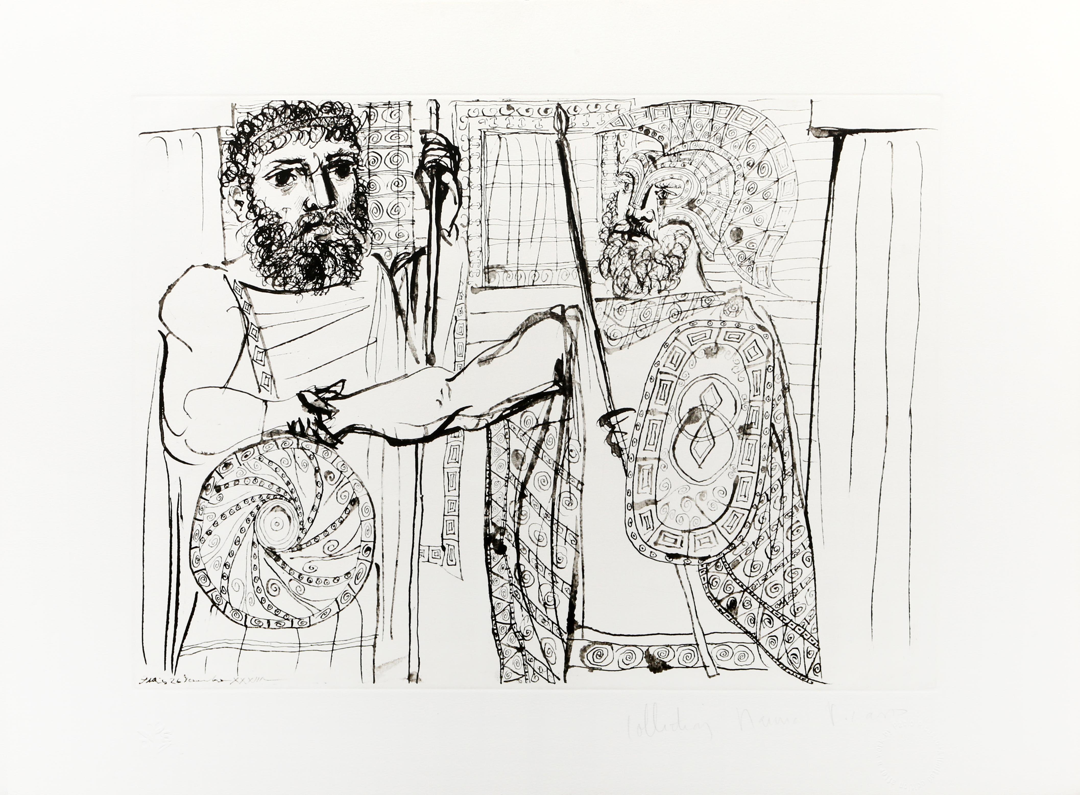 Se serrant la main, les deux personnages principaux de la composition portent des toges et des armes dans cette composition de Pablo Picasso. Portant des casques courbes ornés et des boucliers avec des lances, la scène historique est un exemple
