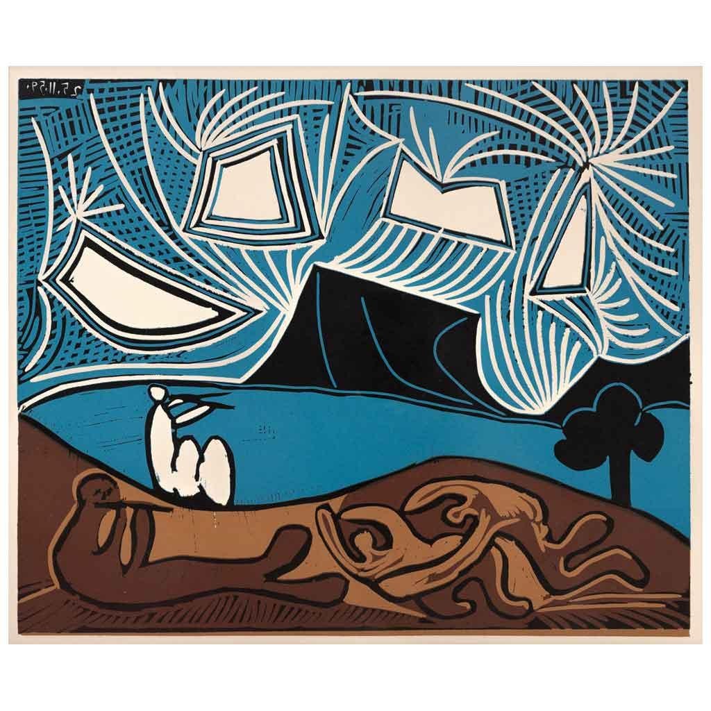 Pablo Picasso Landscape Print - Couple et Flutistes au bord D´un Lac - Grabados al Linóleo, 1963