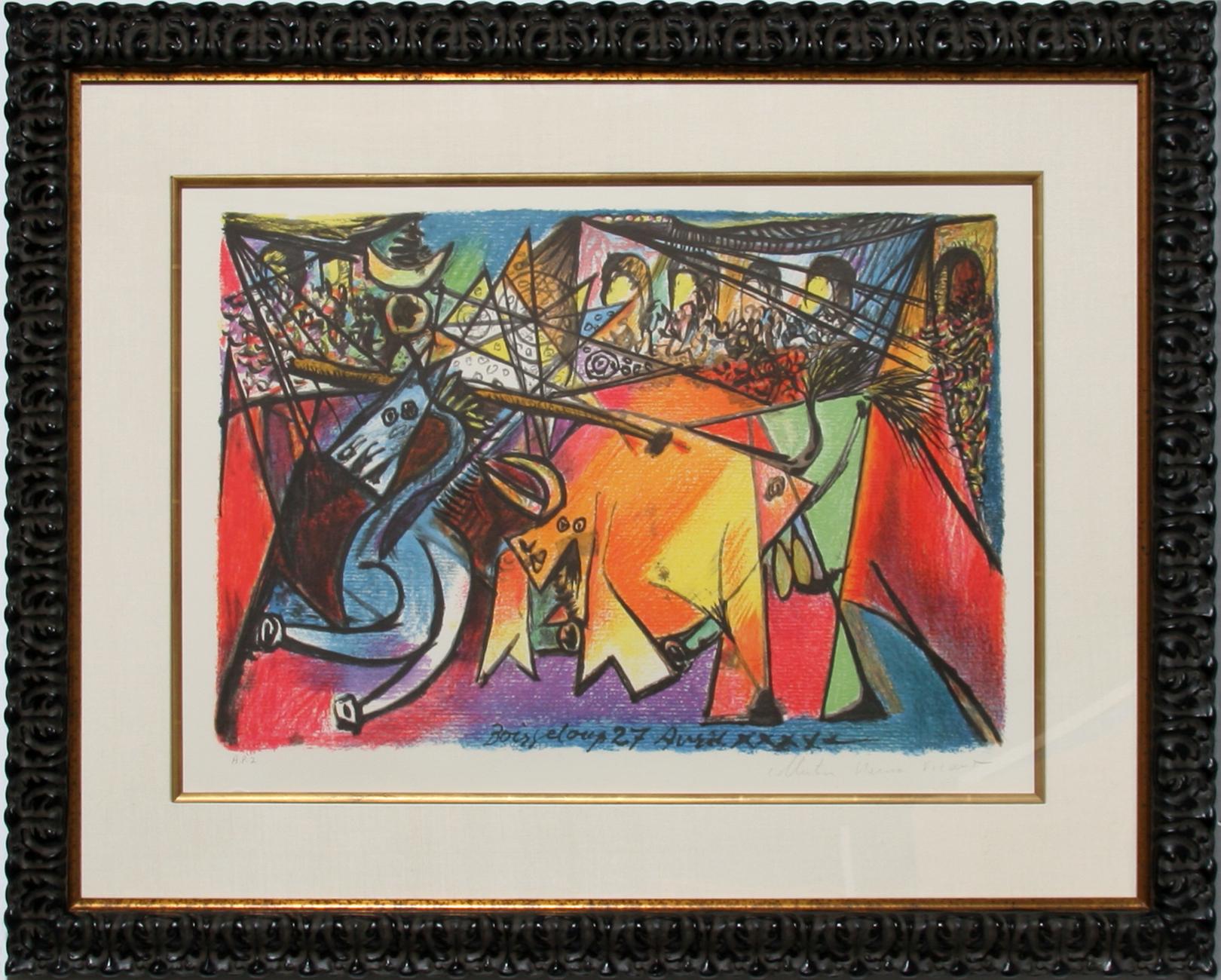 Comprised of shapes with lines and sharp angles, this composition depicting the running of the bulls is hectic and energized. Rendered in gradiated rainbow colors, the animals in this Pablo Picasso print run along the street surrounded by buildings