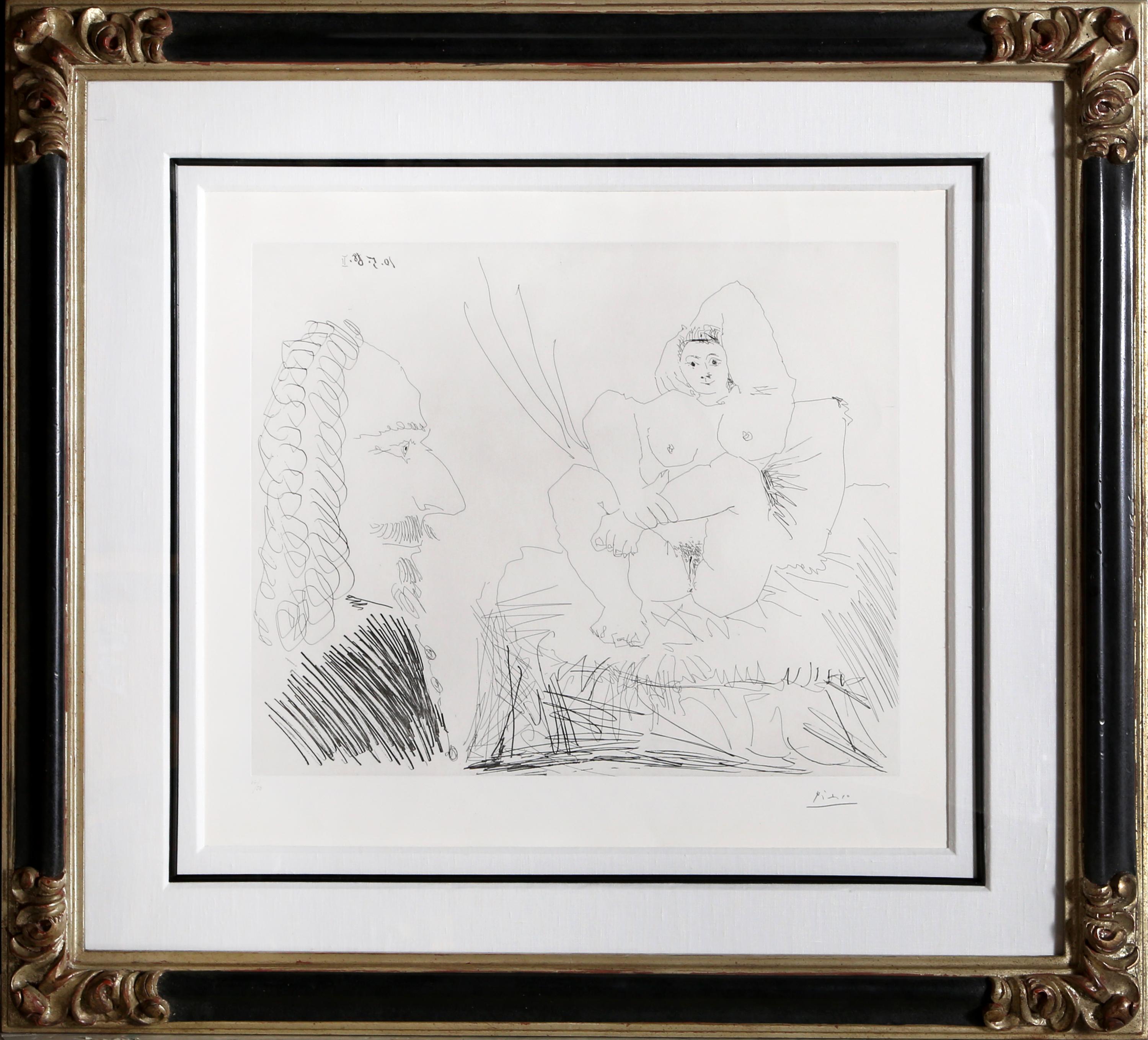 This captivating portrait by Pablo Picasso features an artist in the foreground rendered in profile while a nude model reclines against a bed with her leg crossed over her knee and her arm behind her head. Although only represented with lines and