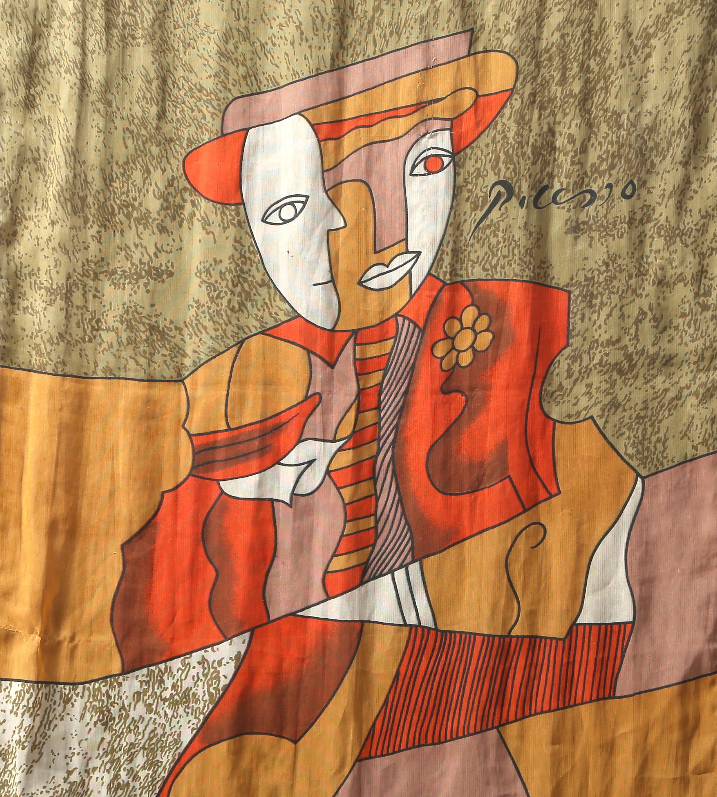 Homme au chapeau, sérigraphie cubiste sur foulard en satin (after Pablo Picasso) en vente 1