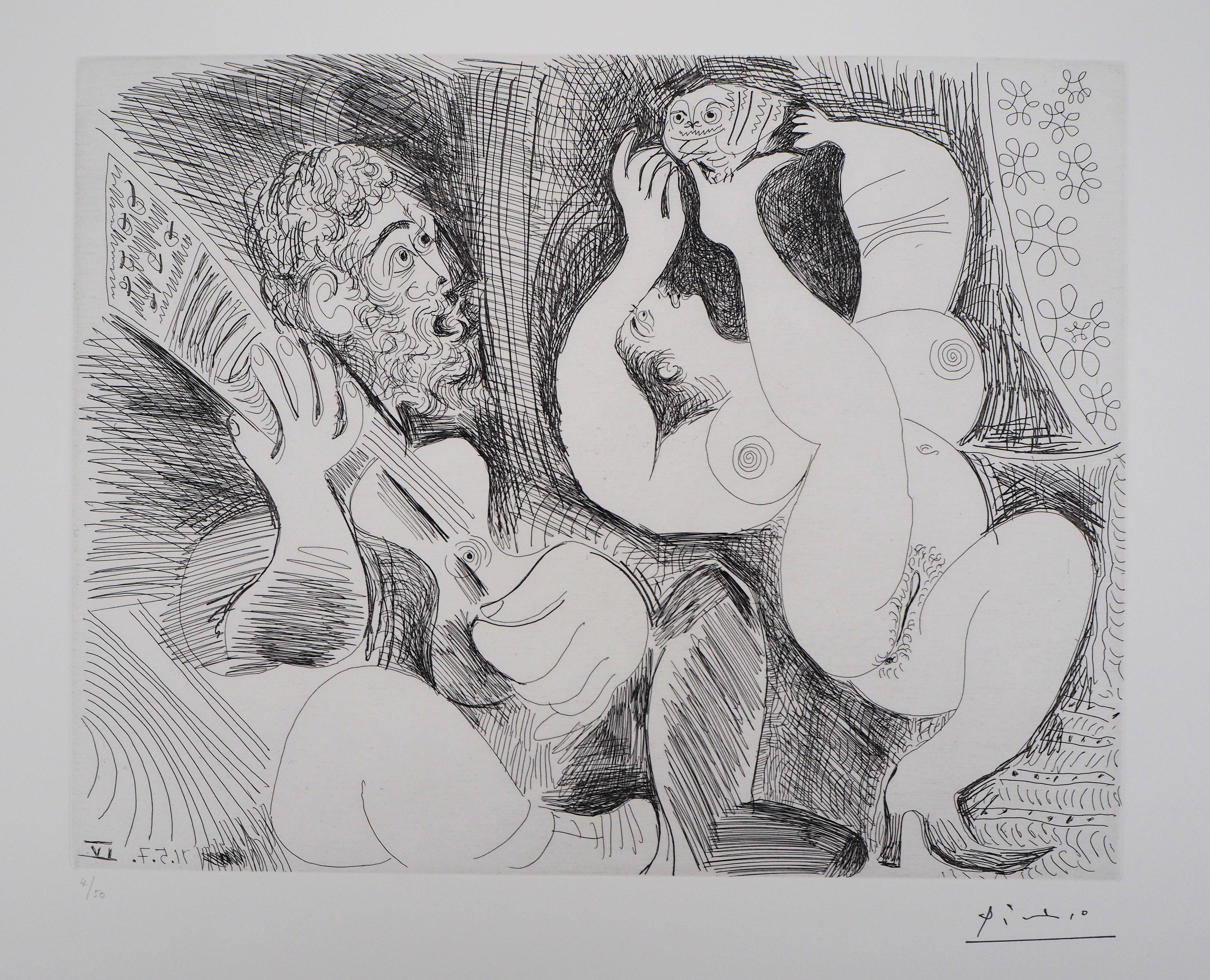 Pablo Picasso Figurative Print - Dancer, Musician and a Owl - Original signed Etching - Limited to 50 copies