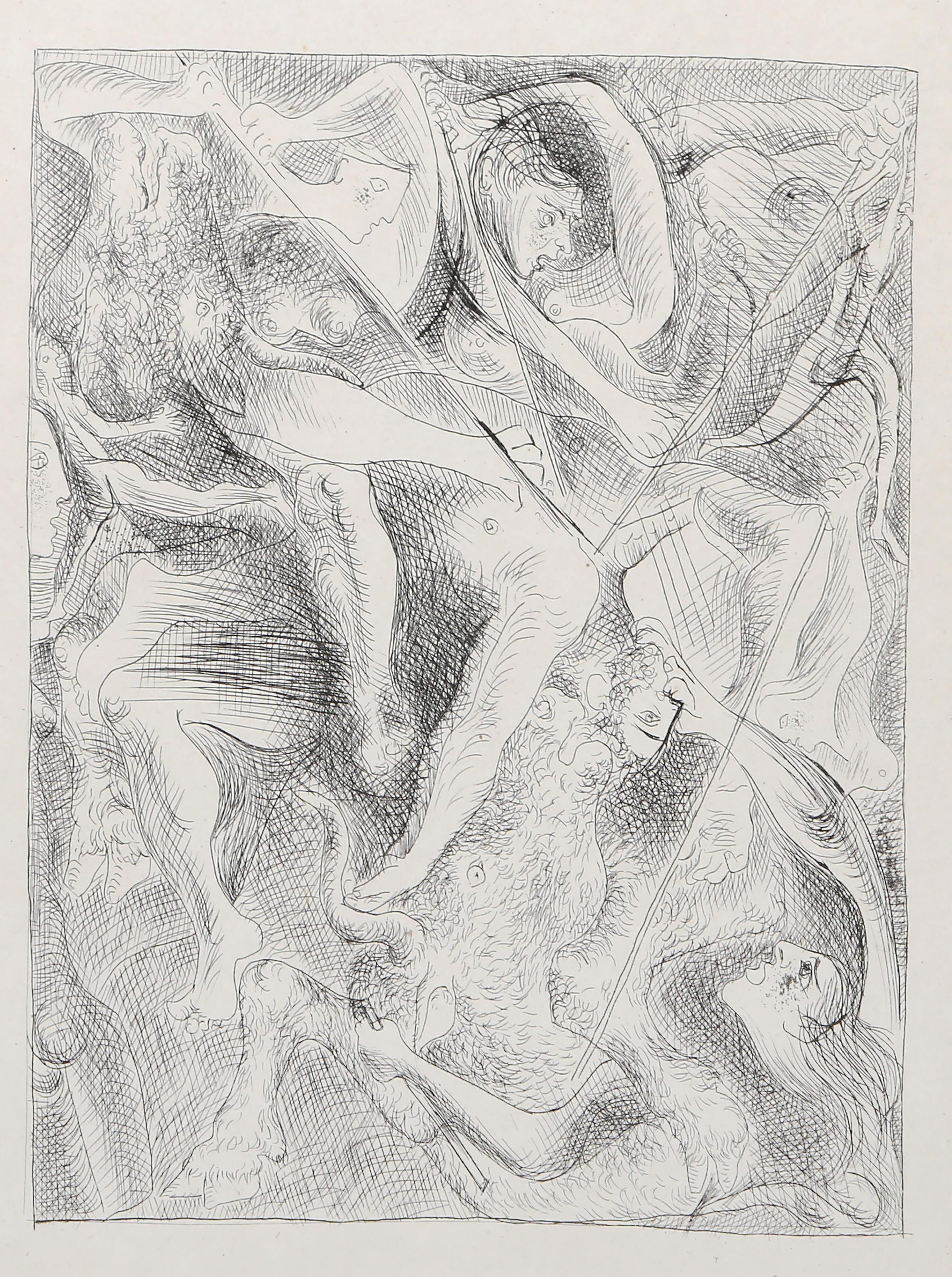 Pablo Picasso, Spanish (1881 -1973) - Death of Orpheus from Ovids The Metamorphoses, Year:  1930, Medium:  Etching on thin laid paper, Edition: , Image Size:  9 x 6.5 inches, Size:  13 x 9.75 in. (33.02 x 24.77 cm), Printer:  Fort, Paris, Publisher: