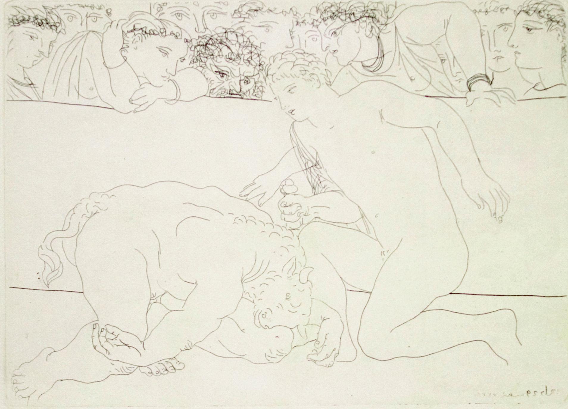Pablo Picasso Figurative Print - Defeated Minotaur - Etching, Signed, Figurative, Mid 20th Century