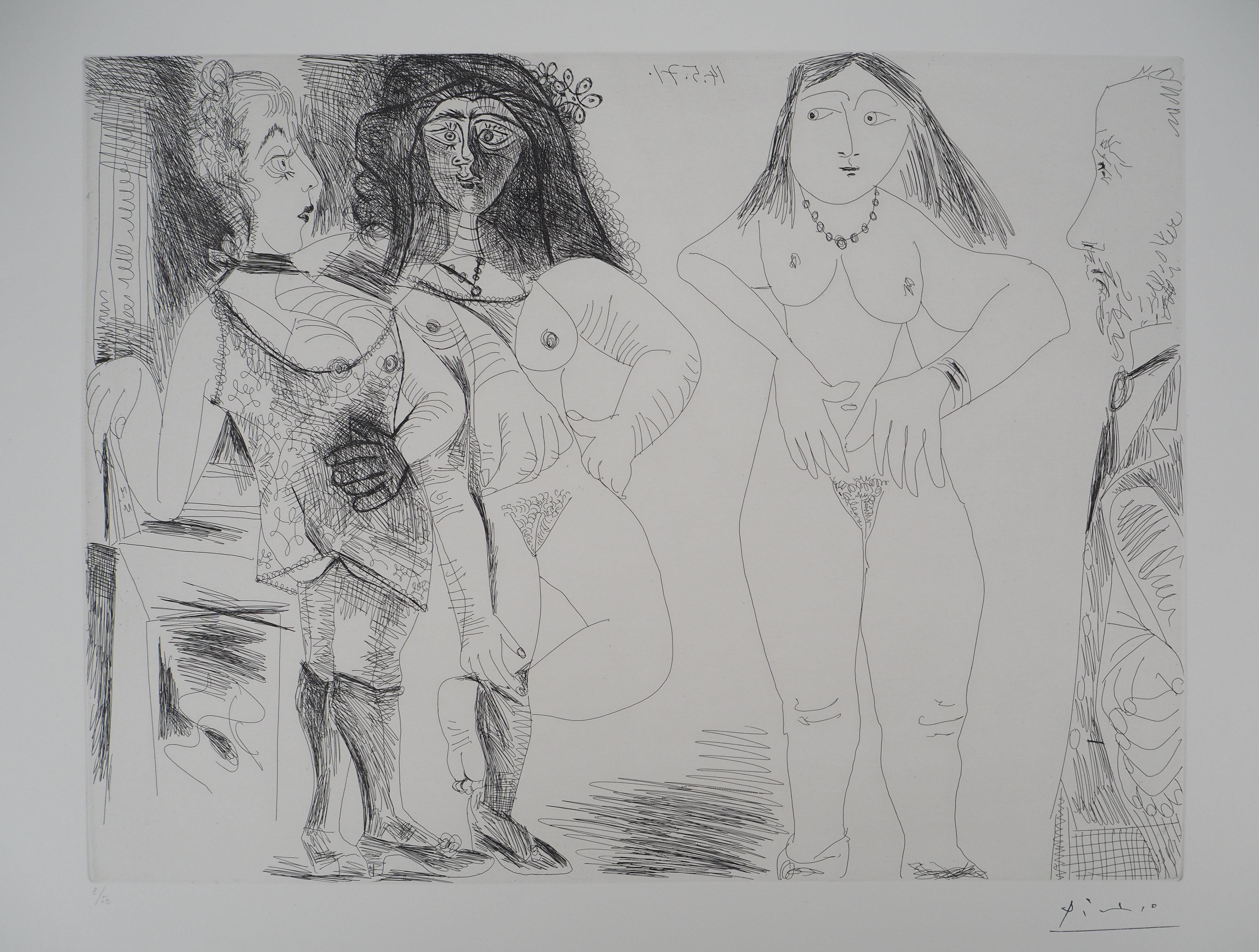 Degas with Three Nude Women - Original etching, Signed (Bloch #1981) - Modern Print by Pablo Picasso