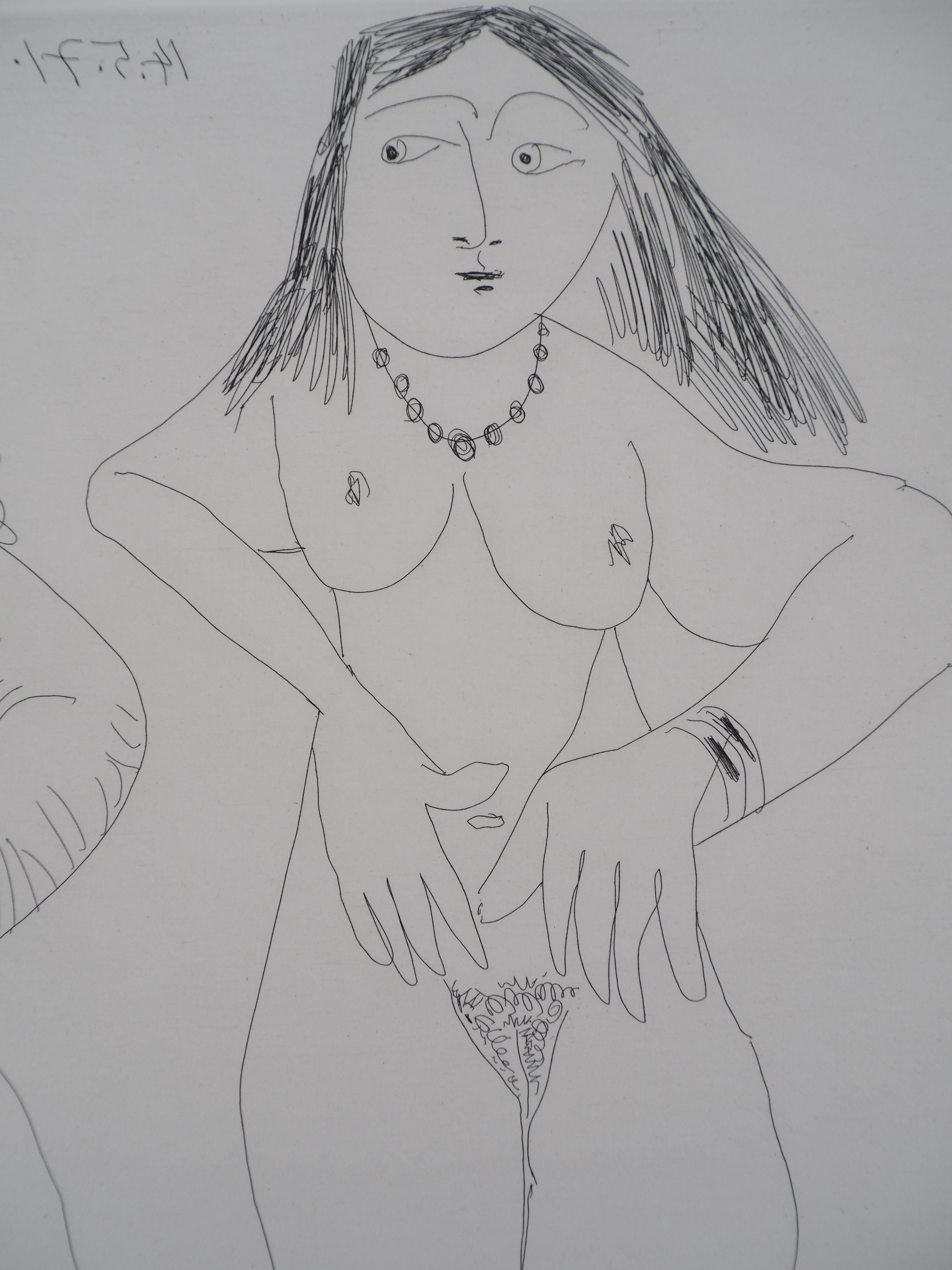 Pablo Picasso (1881-1973)
Dega avec trois femmes nues, 1971

Gravure originale
Signé avec le cachet de l'artiste
Numéroté / 50
Sur vellum 50 x 65 cm (c. 20 x 26 in)
Taille de l'image 36.5 x 49 cm (c. 15 x 20 in)

REFERENCES :
- Catalogue raisonné