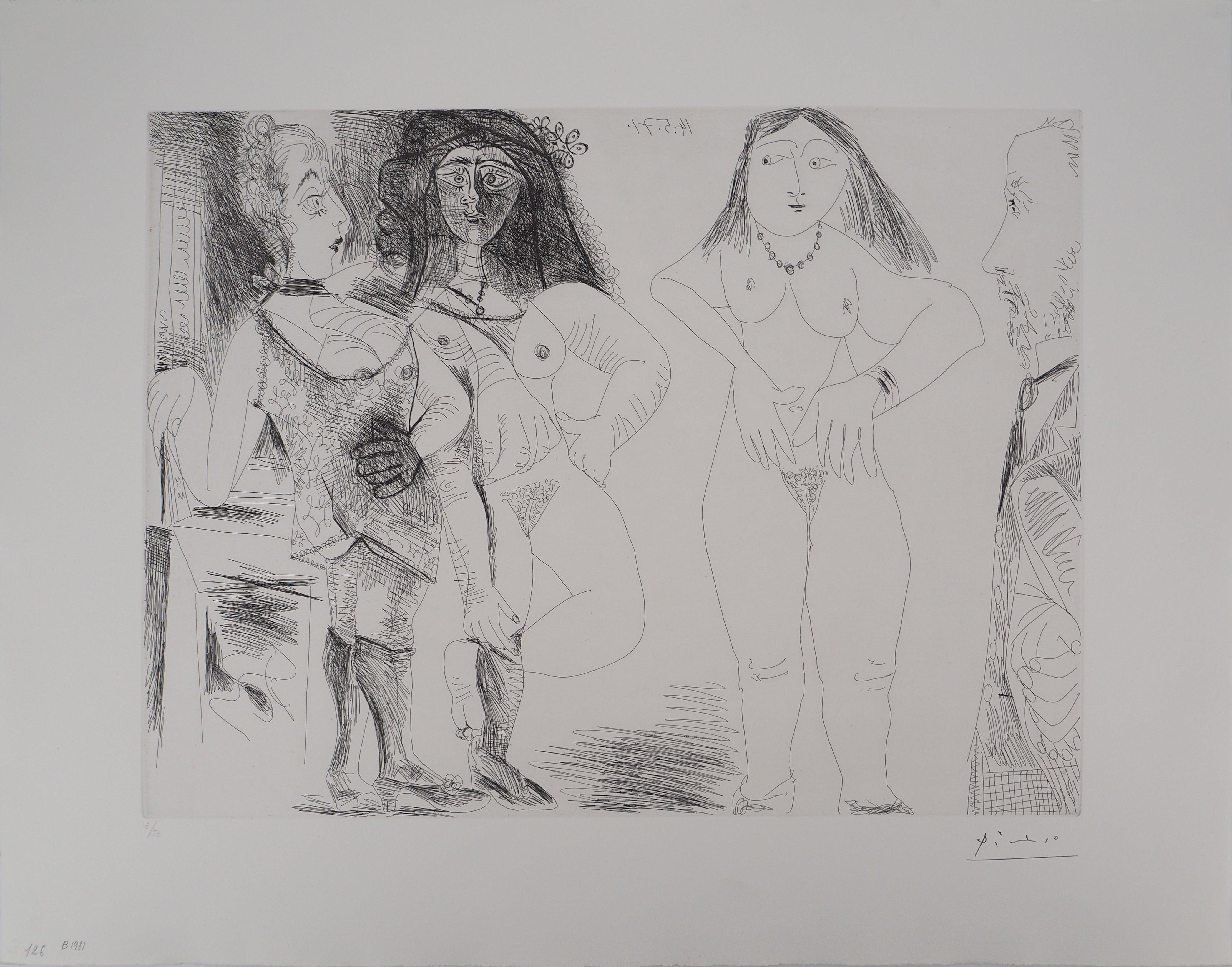Figurative Print Pablo Picasso - Degas avec trois femmes nues - gravure originale, signée (Bloch n° 1981)
