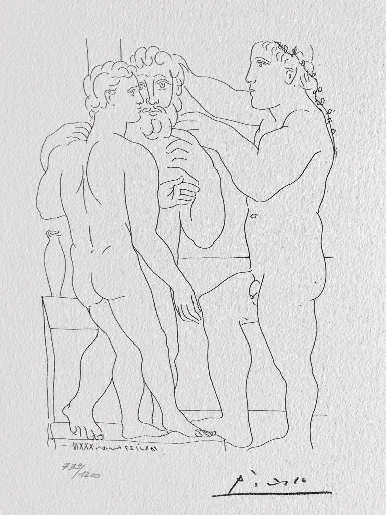 Pablo Picasso Nude Print - Deux Hommes sculptés (Suite Vollard Planche LII)