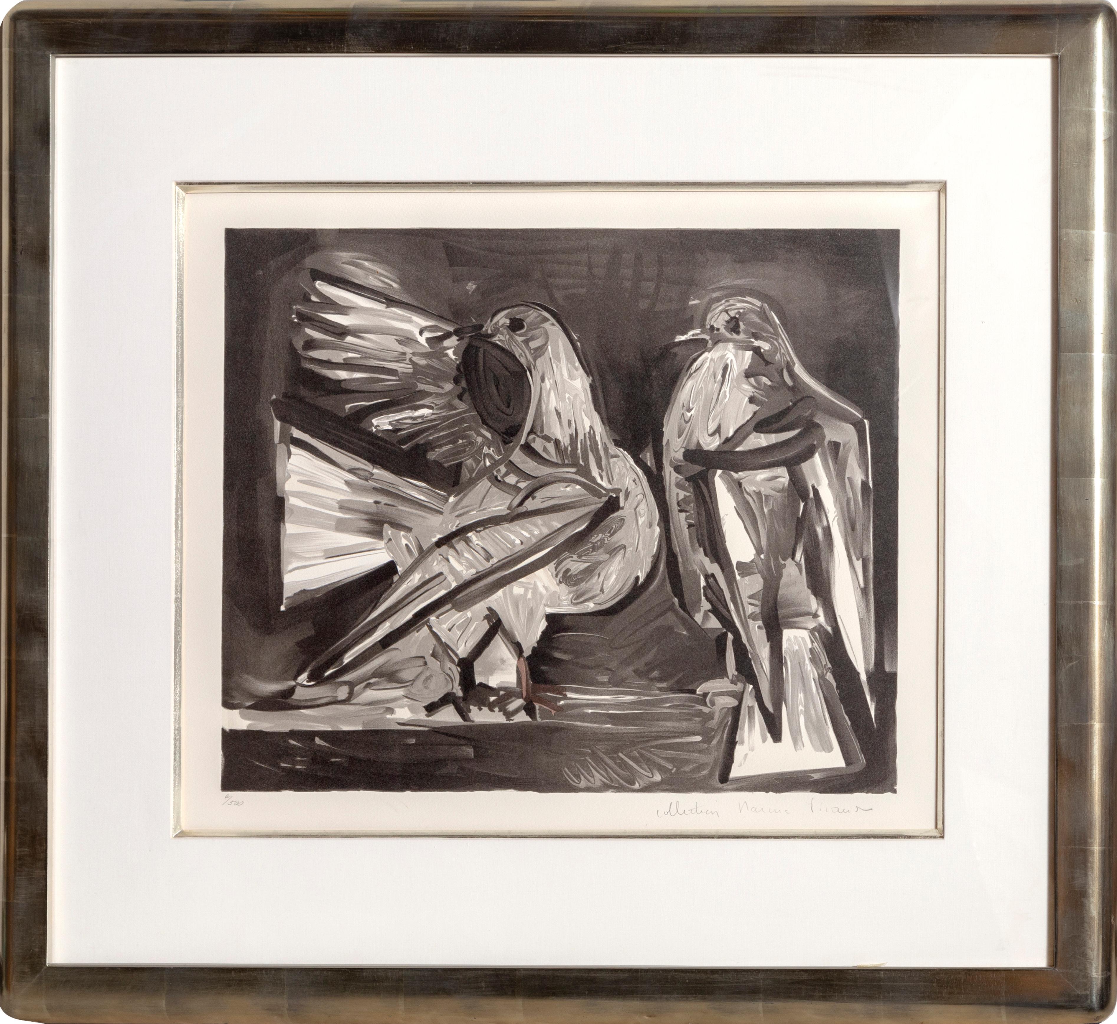 Eine Lithographie aus der Nachlasssammlung Marina Picasso nach dem Gemälde "Deux Pigeons" von Pablo Picasso.  Das Originalgemälde wurde 1960 fertiggestellt. In den 1970er Jahren, nach Picassos Tod, autorisierte Marina Picasso, seine Enkelin, die