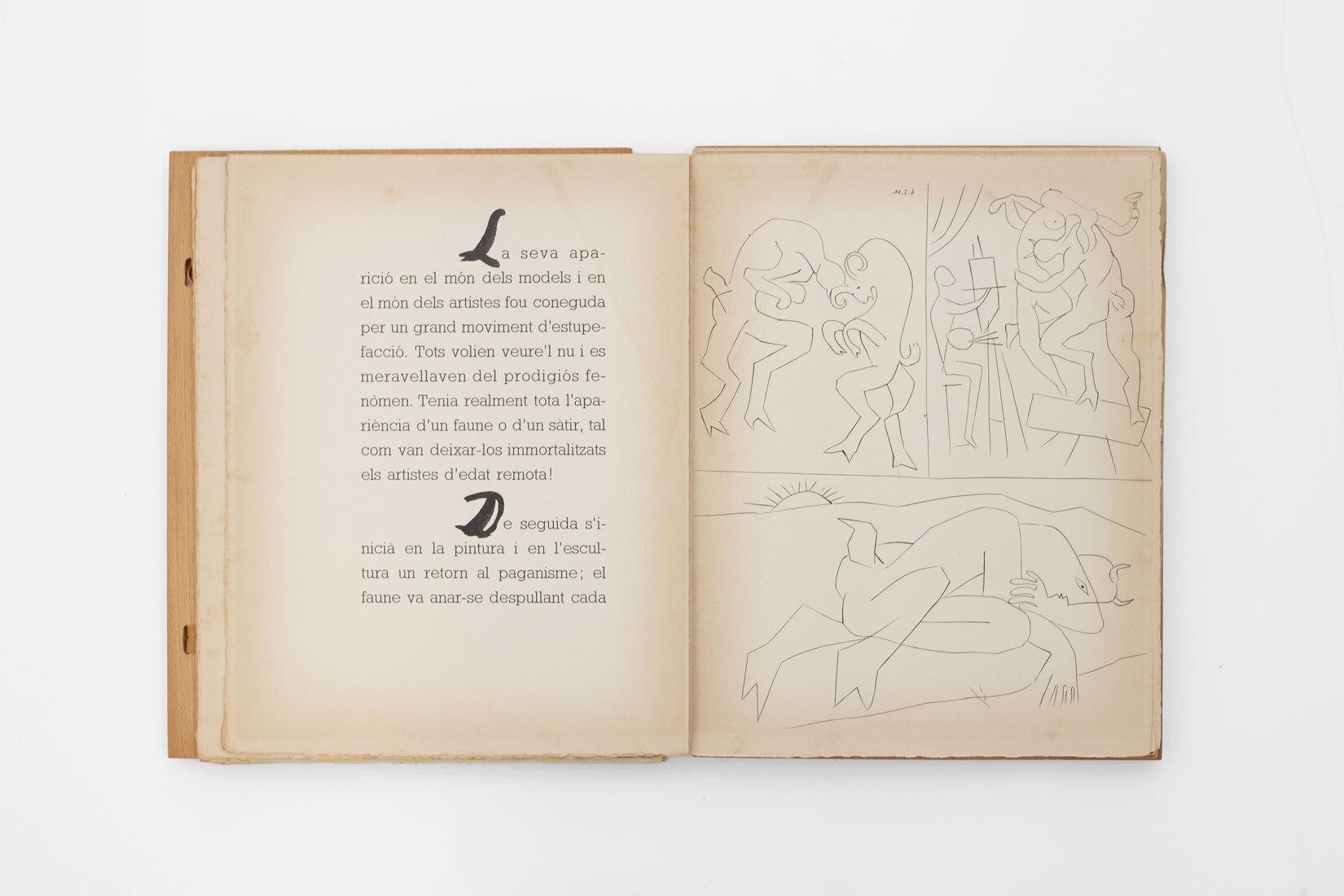 Accompanied by four original dry point etchings by Picasso on Lana wove paper

Hardcover book
Housed in publisher's wooden boards with cloth ties
Numbered 97 of 230 copies
16 x 10 inches
Published by Editorial Albor, 1947

'Dos Contes' was the first