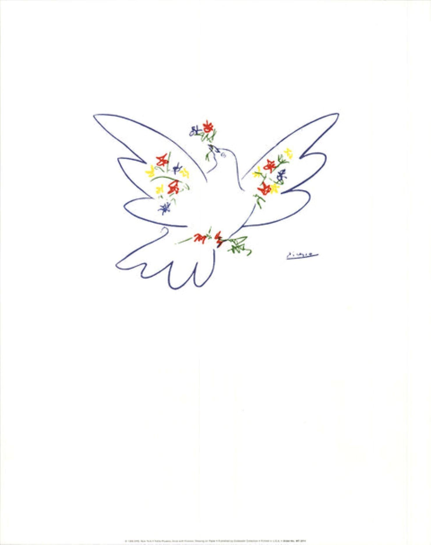 Dove With Flowers

By Pablo Picasso

1998

Medium: Offset Lithograph

Paper Size: 19.5 x 15.75 inches ( 50 x 40 cm )

Image Size: 7 x 9 inches ( 18 x 23 cm )

Edition Size: Unknown