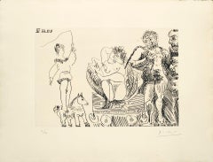 Ecuyère de cirque avec Vénus de foire dans sa coquille et deux hommes barbus
