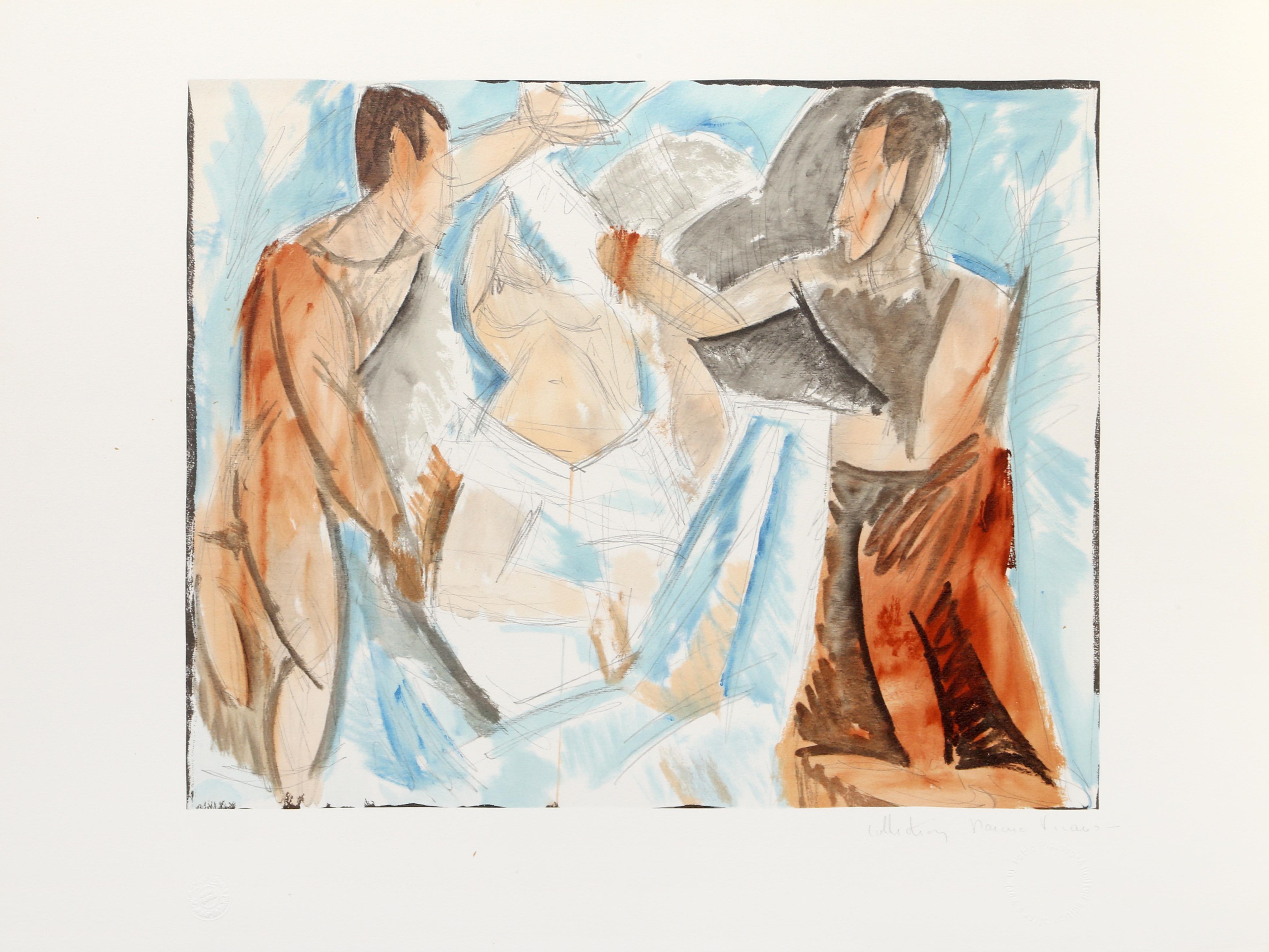 Intertwined throughout the composition, several figures rendered in hues of orange raise their arms and move about against a blue composition. Featuring the same color scheme and angular division of composition with nude figures, this piece bears a