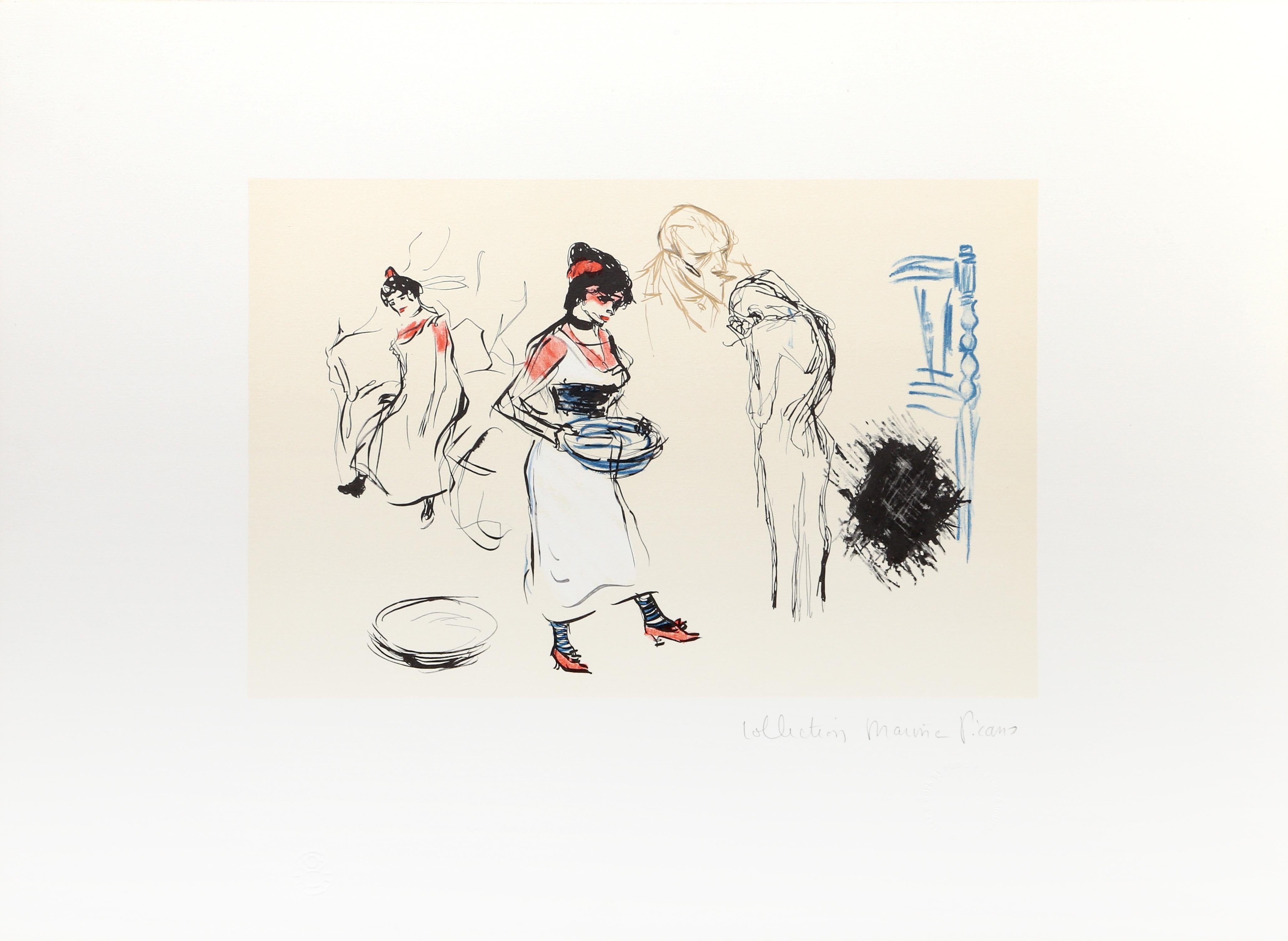 Floating against a brown background, the three hands in this Pablo Picasso print are disembodied and dimensional. Illuminated with light from above, the hands are shown realistically albeit in a blocky fashion. A lithograph from the Marina Picasso