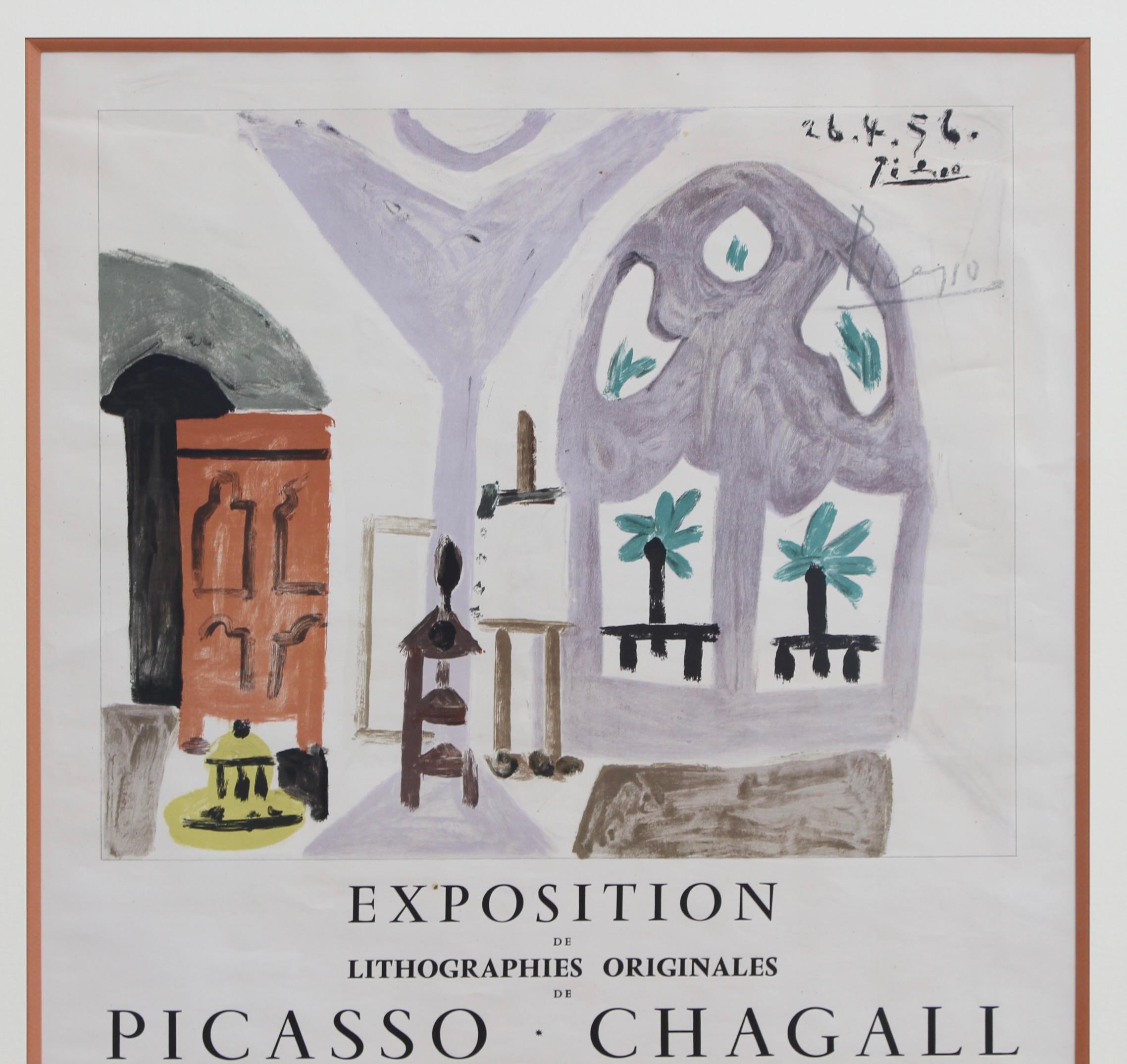 Manifesto espositivo della Galerie de Cannes in litografia offset per pubblicizzare una mostra di litografie originali di Picasso, Braque, Chagall e Miró, stampato da Devaye Imprimeurs, Cannes, Francia, 1960. L'immagine del poster è una litografia