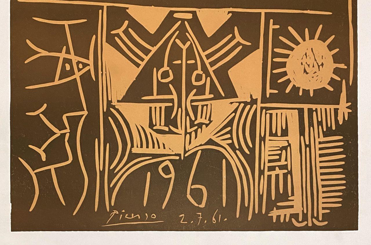 Exposition Vallauris 1961 - Original Linocut Signed in the Plate - Bloch 1295 - Brown Interior Print by Pablo Picasso