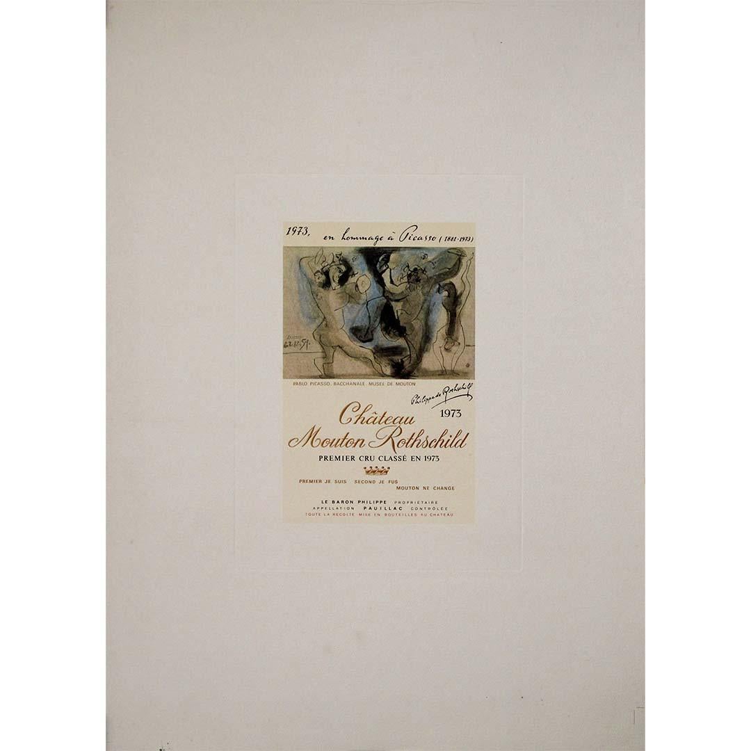This exquisite 1973 original poster was created to commemorate the legendary collaboration between Château Mouton Rothschild and the world of fine art, featuring an artwork by Pablo Picasso. The label was commissioned as a tribute to the Spanish