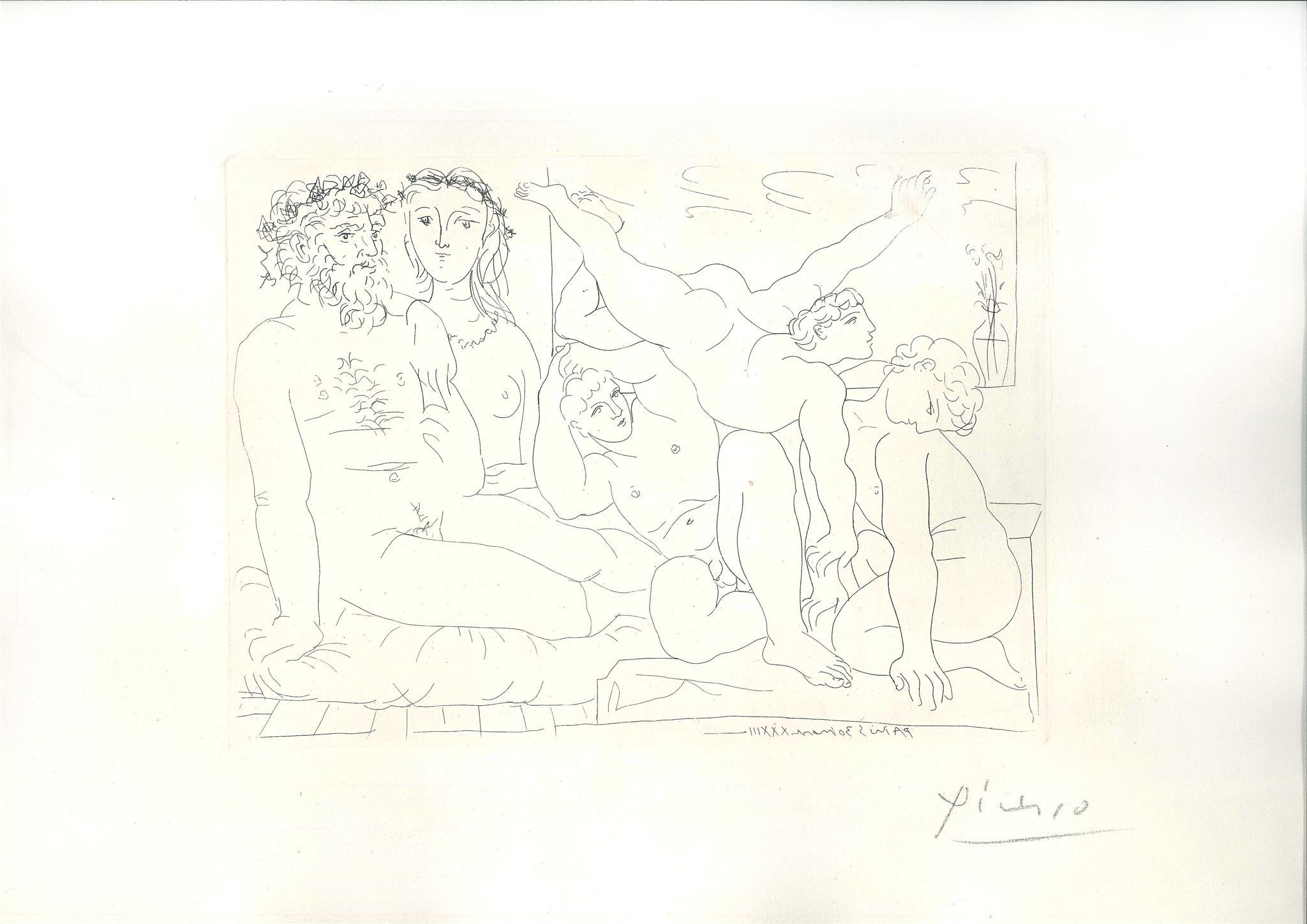 Famille de Saltimbanques is an original etching realized by Pablo Picasso in 1933. Hand signed in pencil on lower right margin and dated on plate "Paris 30 mars XXXIII". II state on 2 (II/II), belonging to the Suite Vollard, printed by Lacourière in