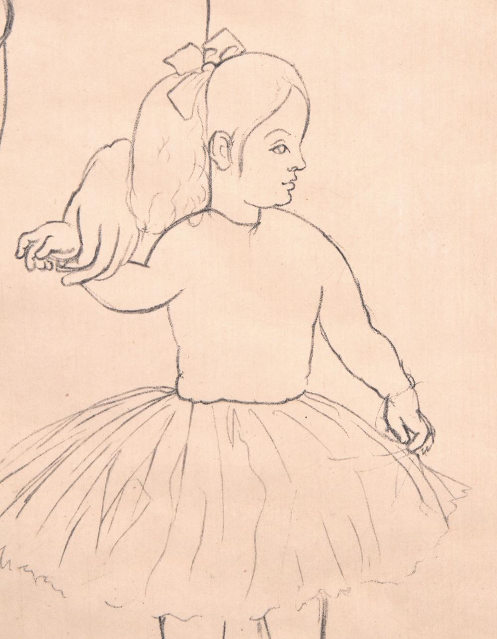 I tratti espressivi e delicati abbelliscono i volti degli individui in Pablo Picasso Famille des Saltimbanques (Famiglia di acrobati), 1950 circa. Un ragazzo si trova di fronte con un viso innocente e aperto. Il padre accanto a lui incrocia le