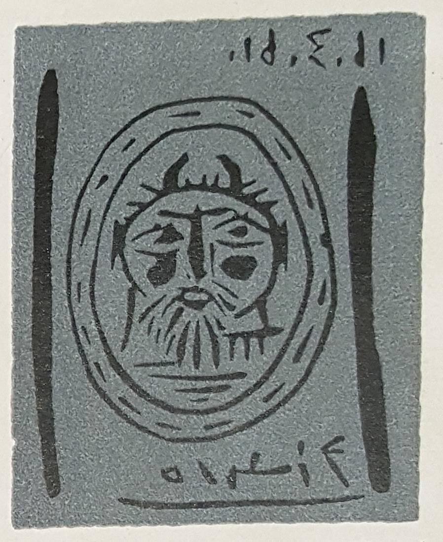 Tête de faune - Linogravure originale (carte d'invitation pour l'exposition à Madoura Gallery) - Moderne Print par Pablo Picasso