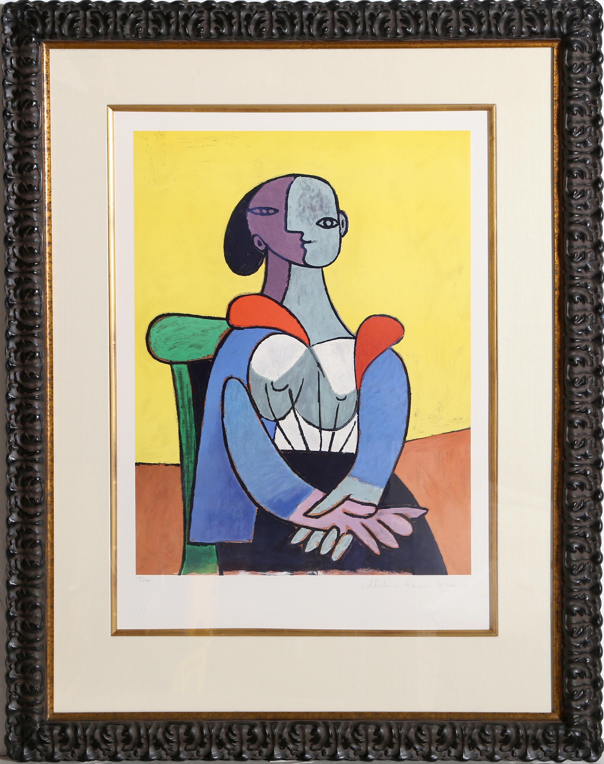 A lithograph from the Marina Picasso Estate Collection after the Pablo Picasso painting "Femme A La Chaise Sur Fond Jaune".  The original painting was completed in 1937. In the 1970's after Picasso's death, Marina Picasso, his granddaughter,