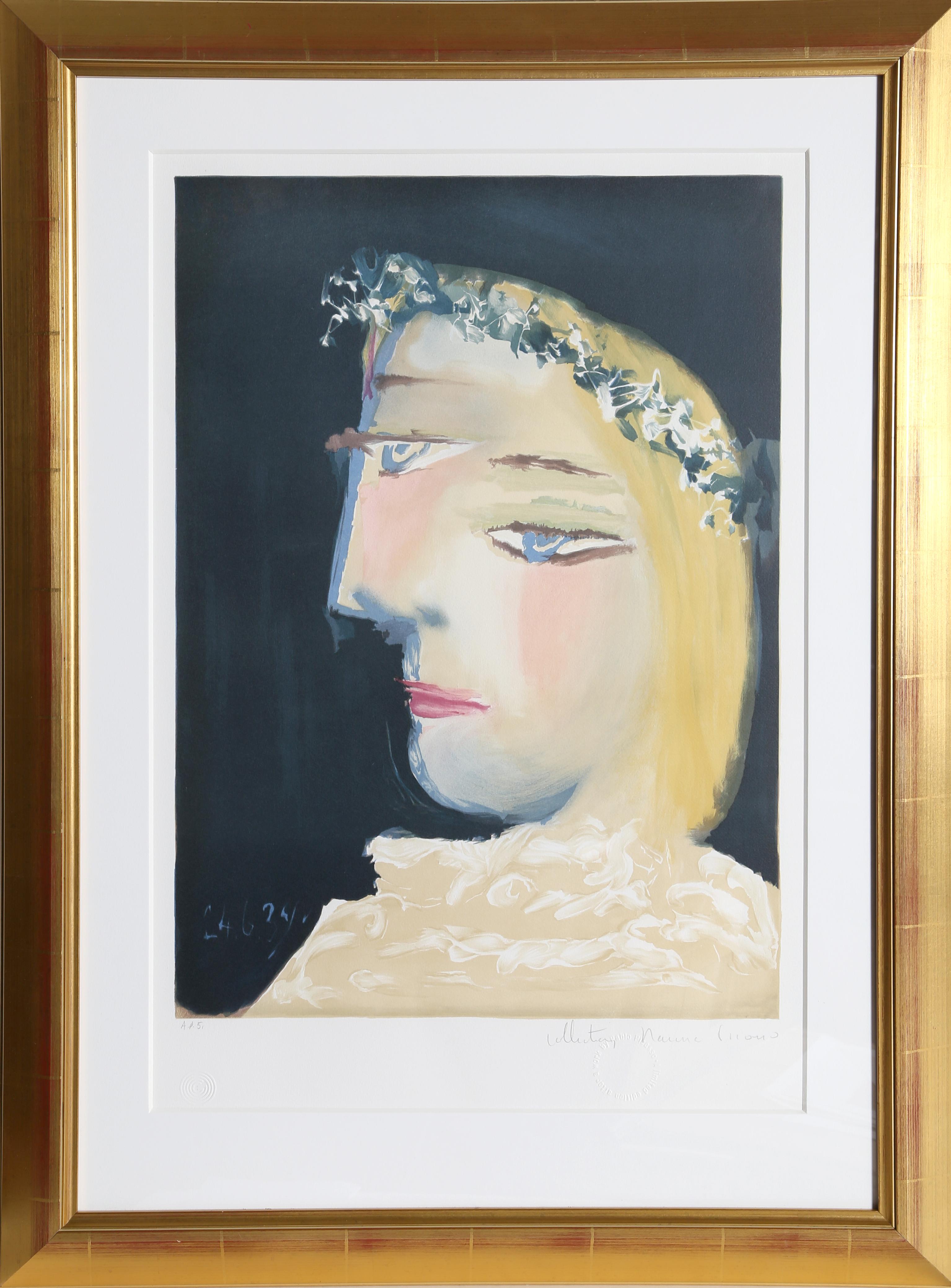 Femme a la Robe, Blanche Couronee de Fleurs – kubistische Lithographie von Pablo Picasso